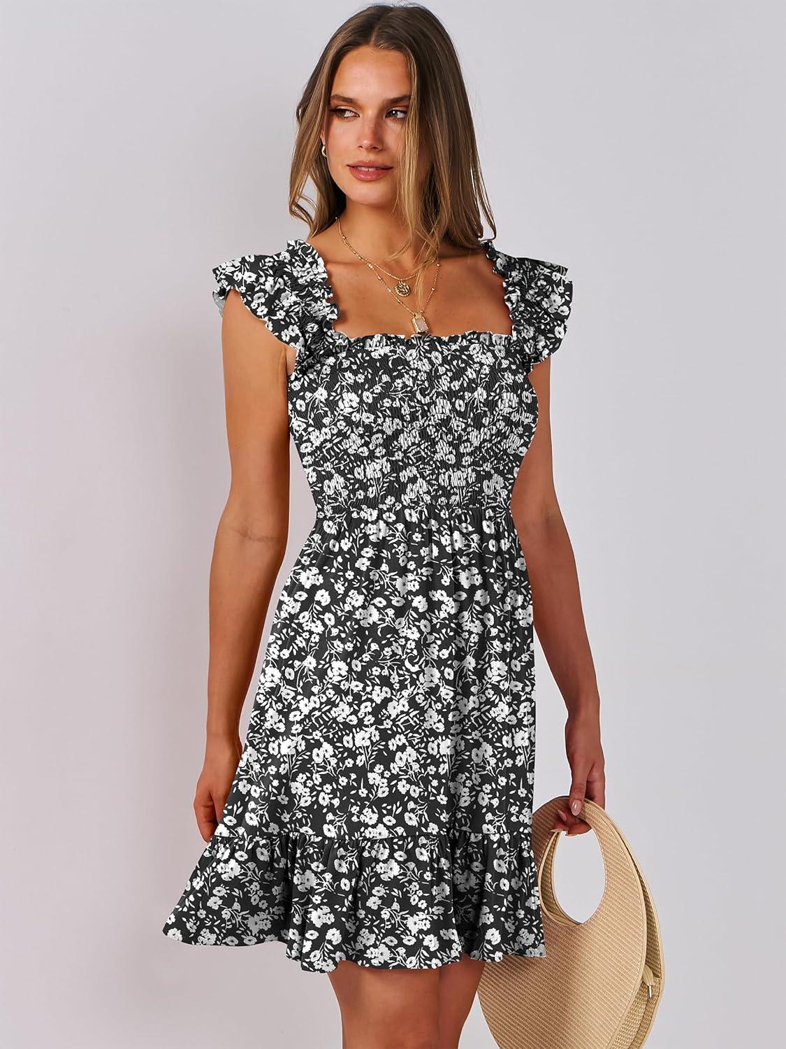 imageANRABESS Womens Summer Casual Sleeveless Square Neck Dress 2025 Smocked Ruffle Backless Boho Beach Cute Teen Short SundressFloral Black White