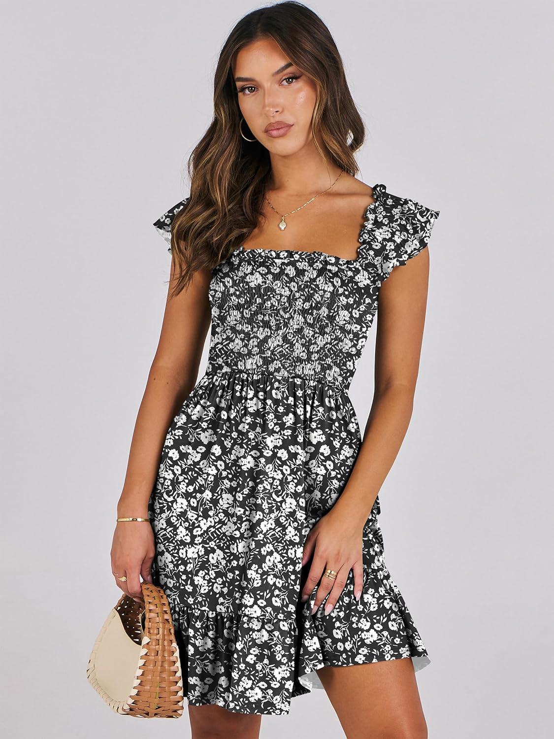 imageANRABESS Womens Summer Casual Sleeveless Square Neck Dress 2025 Smocked Ruffle Backless Boho Beach Cute Teen Short SundressFloral Black White