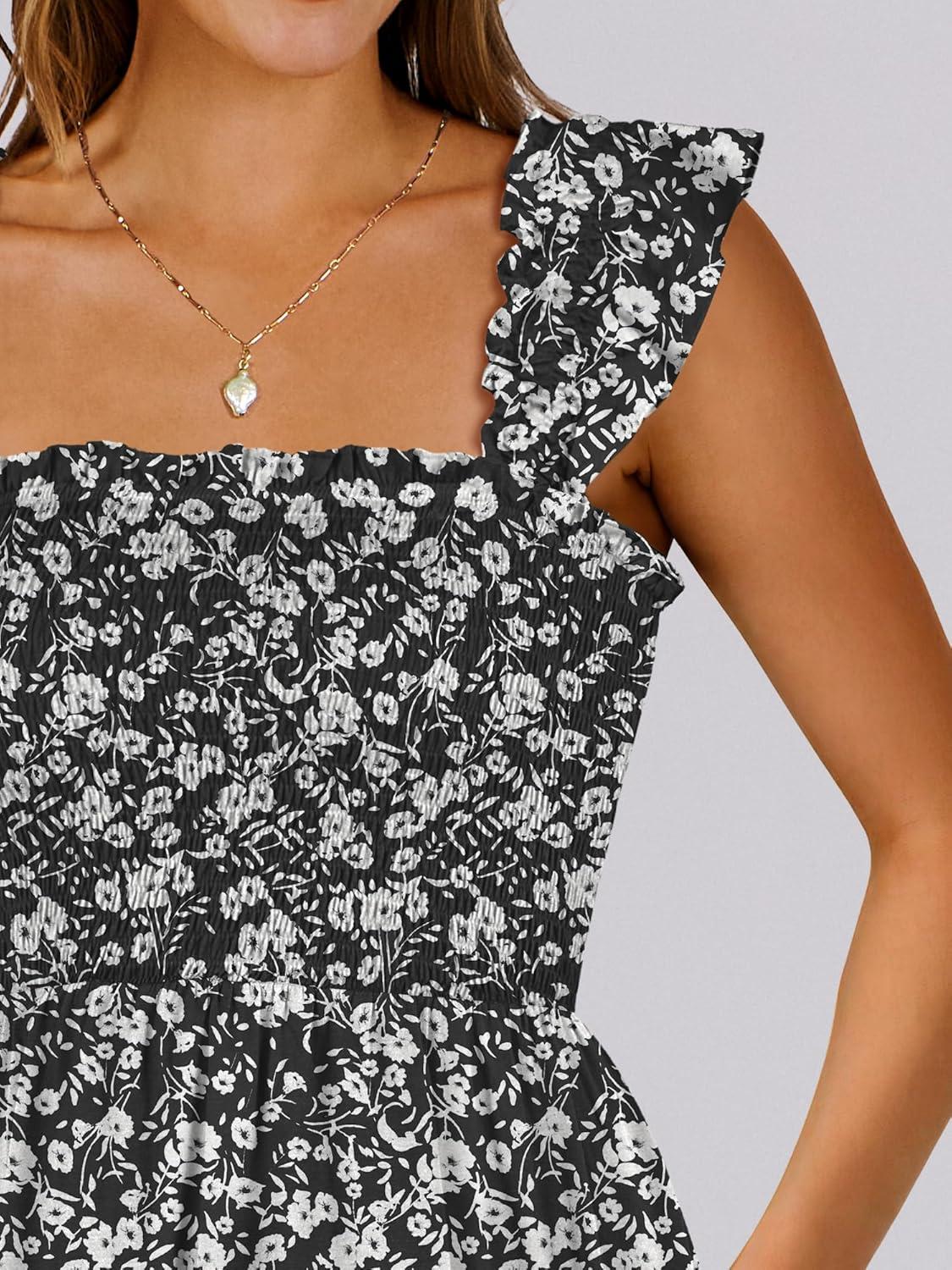 imageANRABESS Womens Summer Casual Sleeveless Square Neck Dress 2025 Smocked Ruffle Backless Boho Beach Cute Teen Short SundressFloral Black White