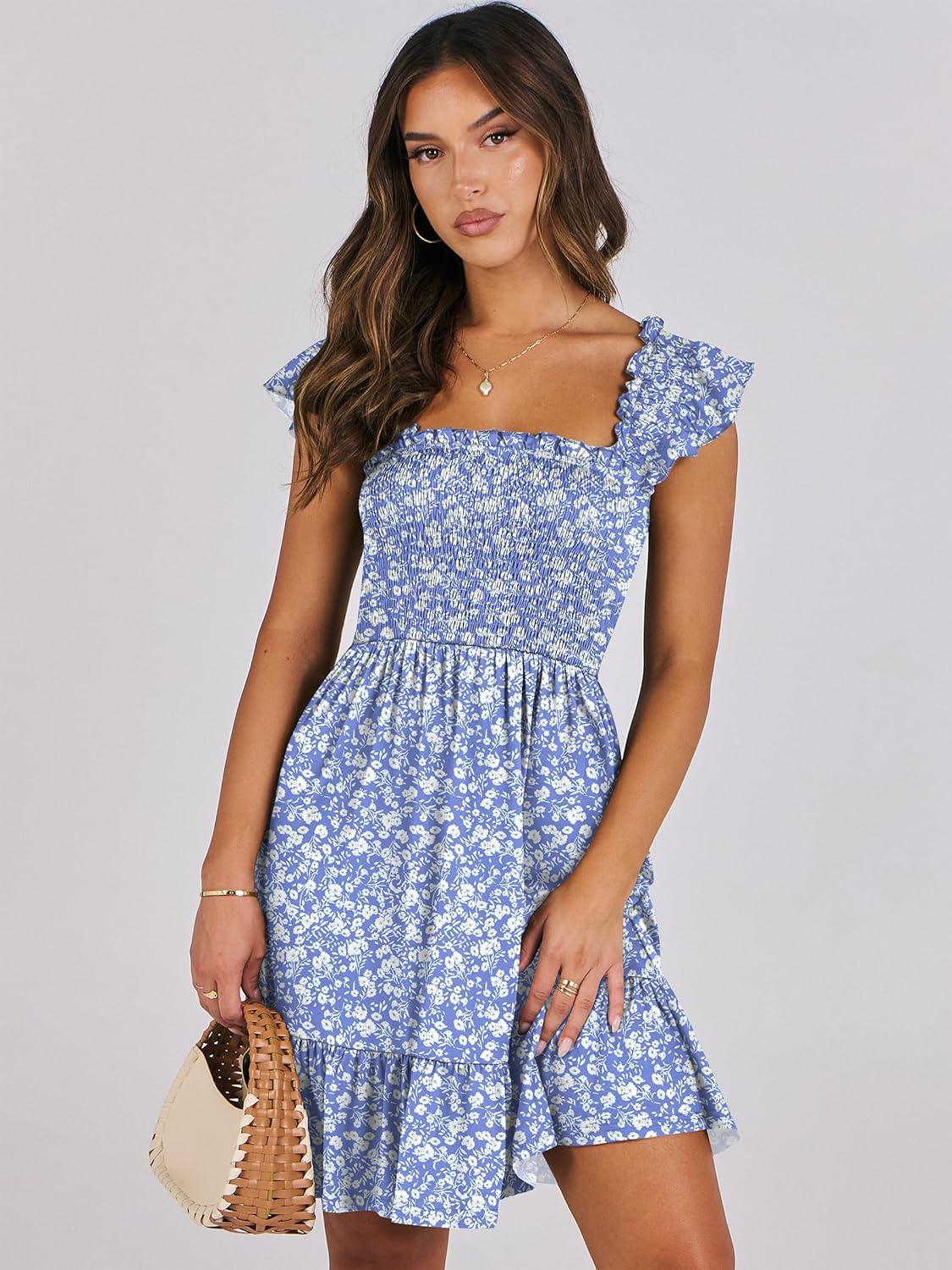 imageANRABESS Womens Summer Casual Sleeveless Square Neck Dress 2025 Smocked Ruffle Backless Boho Beach Cute Teen Short SundressFloral Blue White