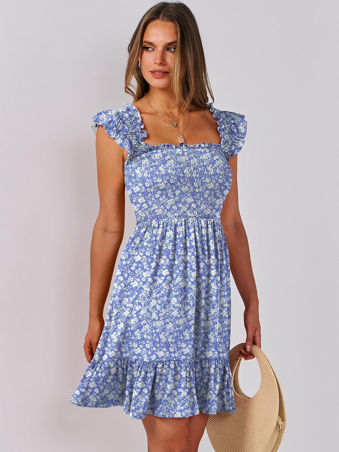 imageANRABESS Womens Summer Casual Sleeveless Square Neck Dress 2025 Smocked Ruffle Backless Boho Beach Cute Teen Short SundressFloral Blue White