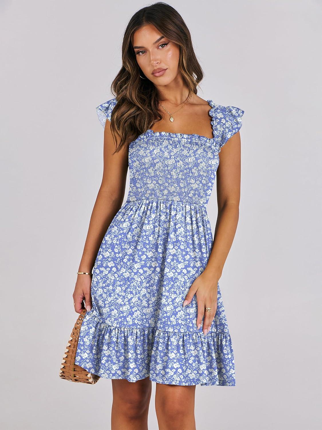 imageANRABESS Womens Summer Casual Sleeveless Square Neck Dress 2025 Smocked Ruffle Backless Boho Beach Cute Teen Short SundressFloral Blue White