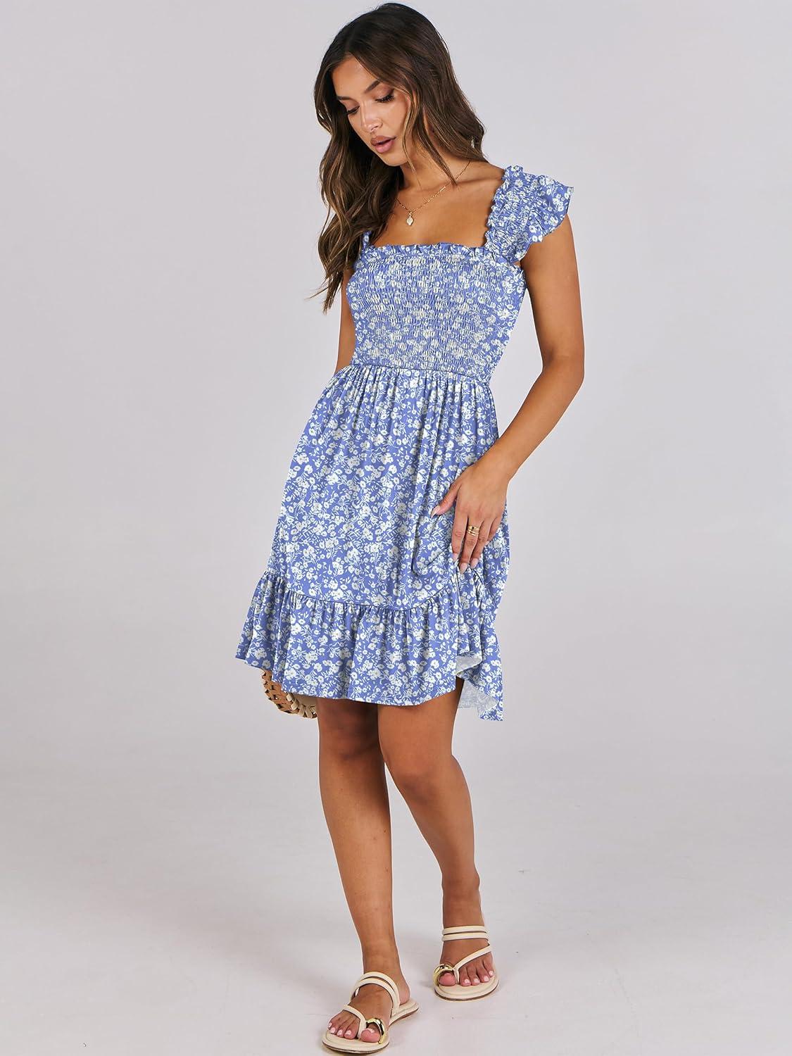 imageANRABESS Womens Summer Casual Sleeveless Square Neck Dress 2025 Smocked Ruffle Backless Boho Beach Cute Teen Short SundressFloral Blue White