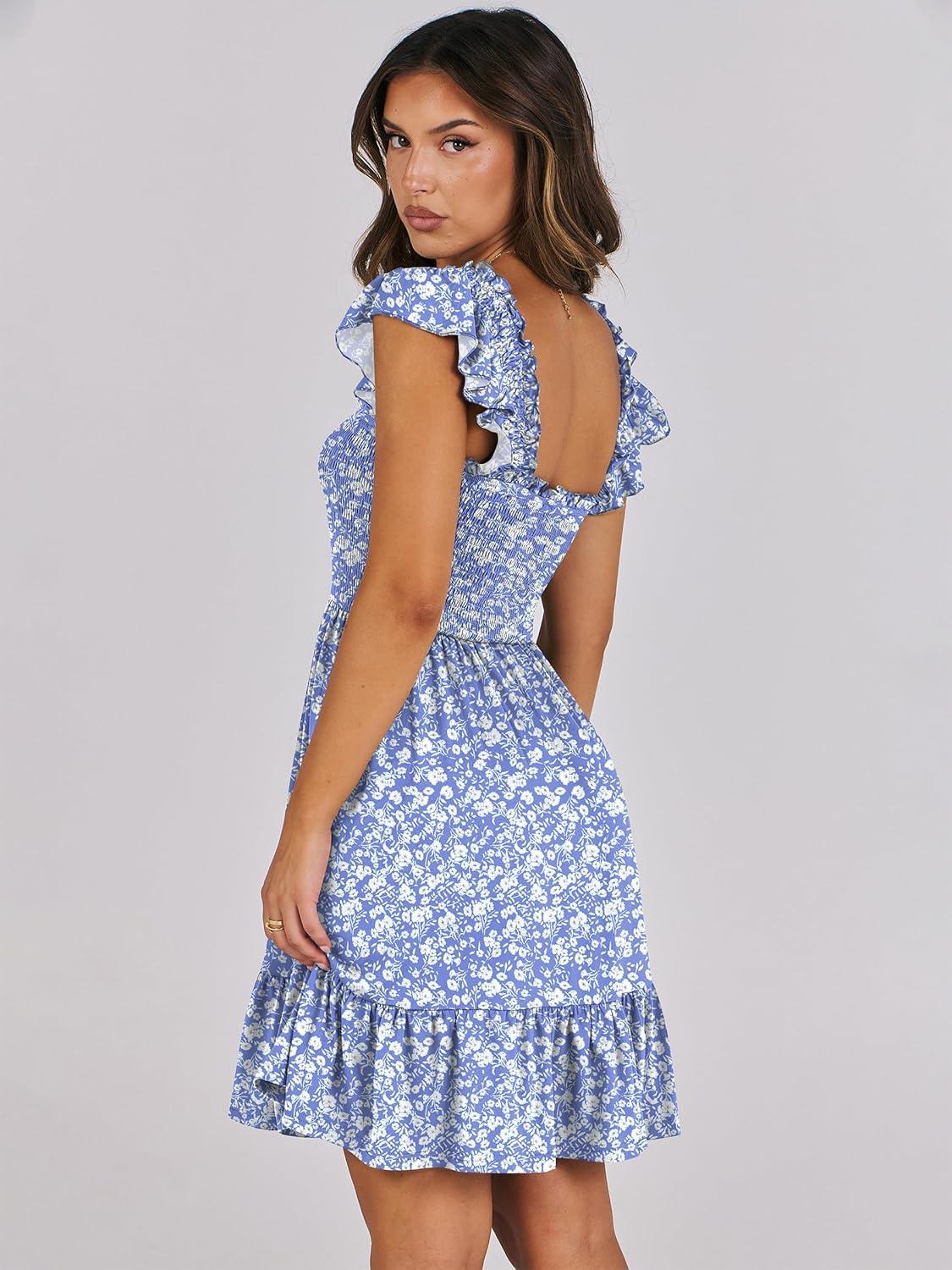 imageANRABESS Womens Summer Casual Sleeveless Square Neck Dress 2025 Smocked Ruffle Backless Boho Beach Cute Teen Short SundressFloral Blue White