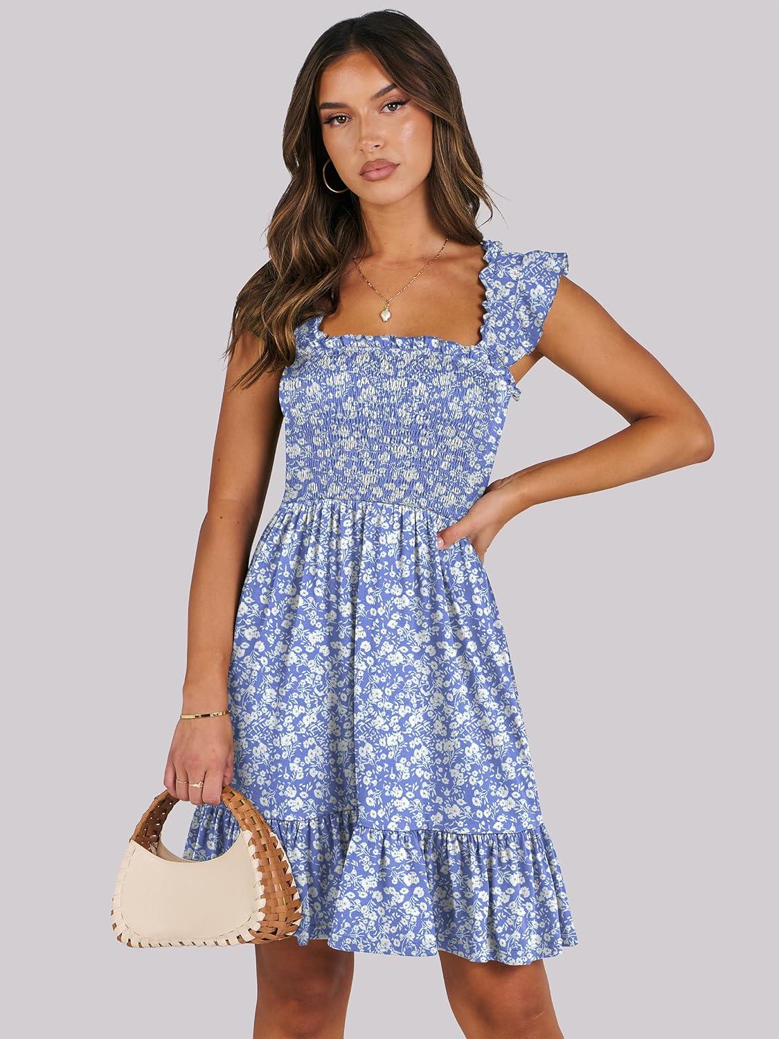 imageANRABESS Womens Summer Casual Sleeveless Square Neck Dress 2025 Smocked Ruffle Backless Boho Beach Cute Teen Short SundressFloral Blue White