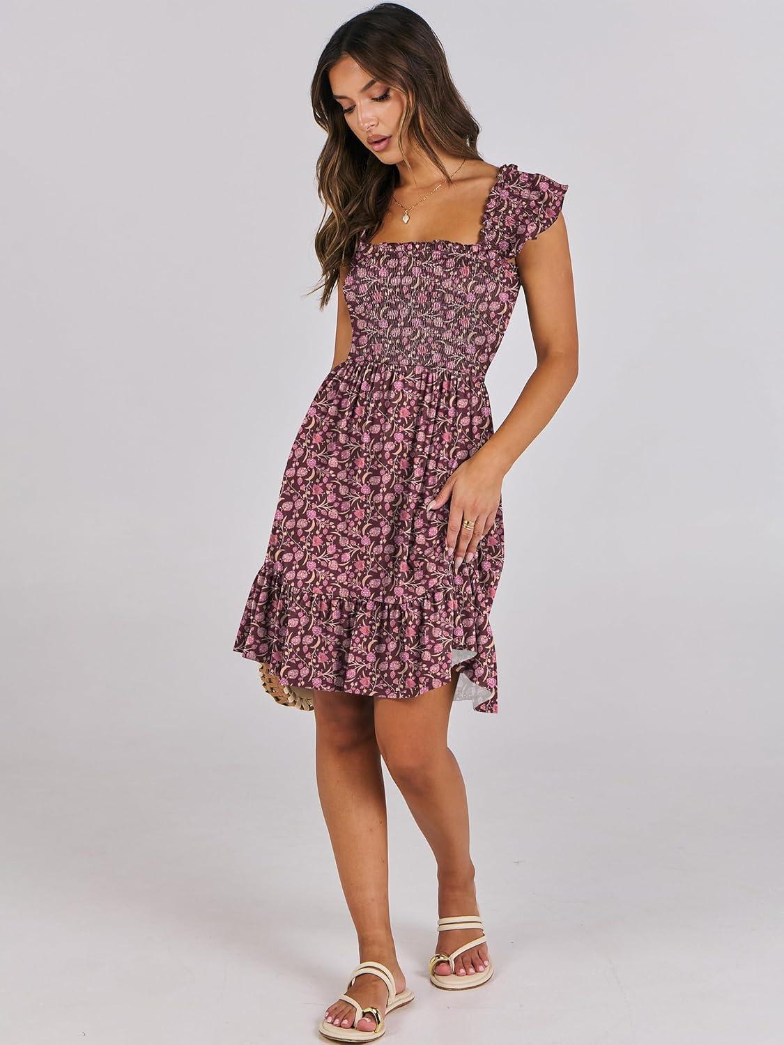 imageANRABESS Womens Summer Casual Sleeveless Square Neck Dress 2025 Smocked Ruffle Backless Boho Beach Cute Teen Short SundressFloral Red Pink