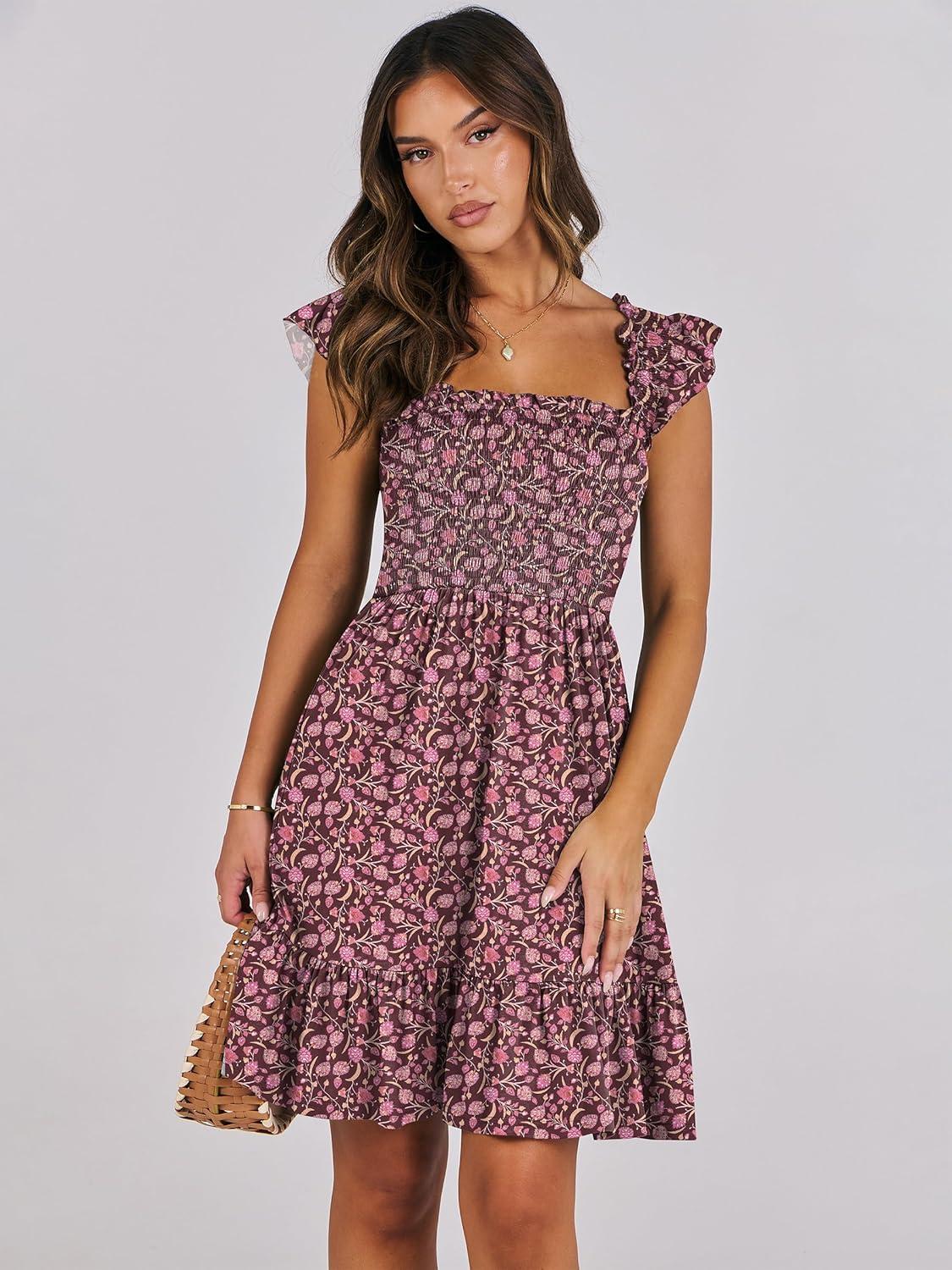 imageANRABESS Womens Summer Casual Sleeveless Square Neck Dress 2025 Smocked Ruffle Backless Boho Beach Cute Teen Short SundressFloral Red Pink