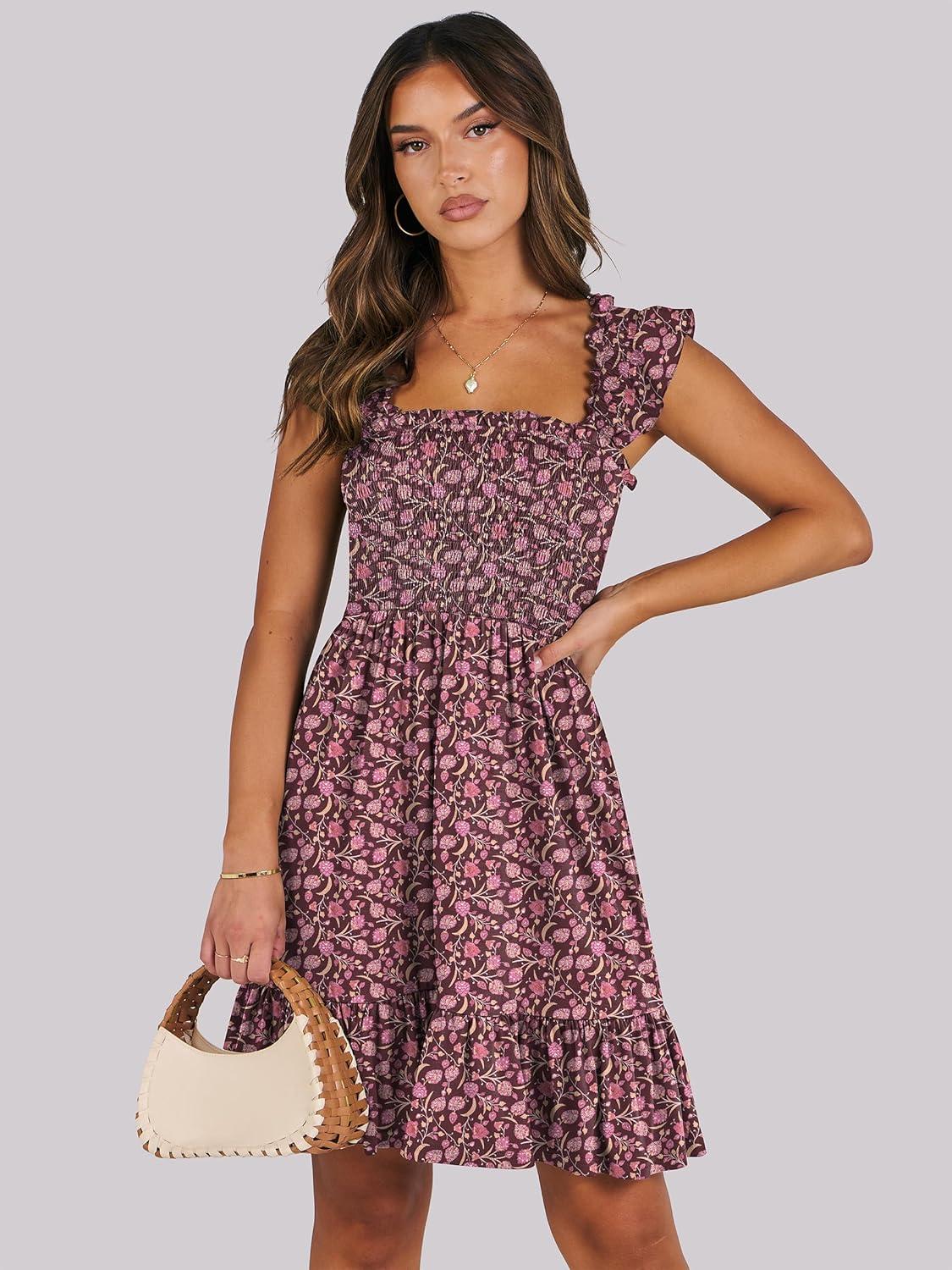 imageANRABESS Womens Summer Casual Sleeveless Square Neck Dress 2025 Smocked Ruffle Backless Boho Beach Cute Teen Short SundressFloral Red Pink