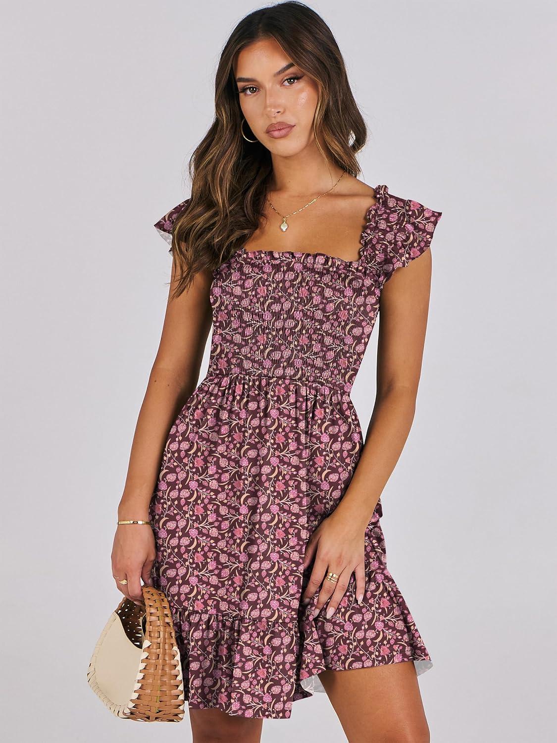 imageANRABESS Womens Summer Casual Sleeveless Square Neck Dress 2025 Smocked Ruffle Backless Boho Beach Cute Teen Short SundressFloral Red Pink