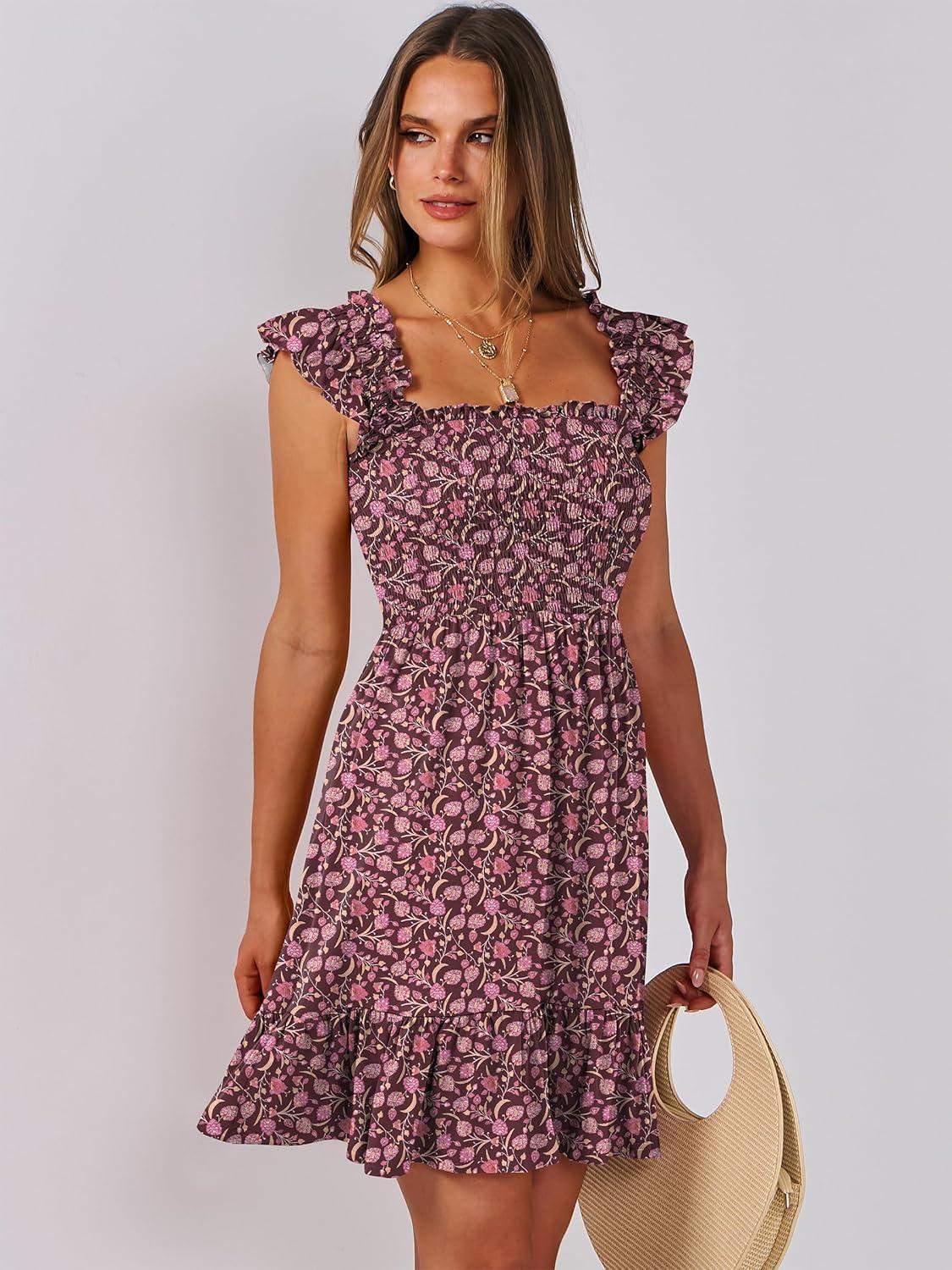 imageANRABESS Womens Summer Casual Sleeveless Square Neck Dress 2025 Smocked Ruffle Backless Boho Beach Cute Teen Short SundressFloral Red Pink