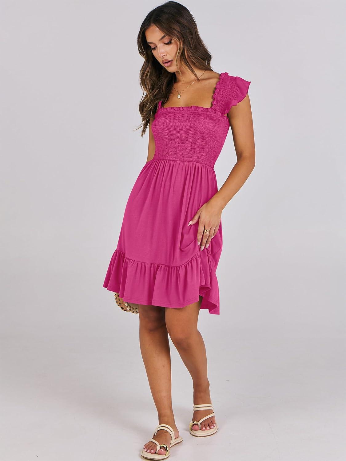 imageANRABESS Womens Summer Casual Sleeveless Square Neck Dress 2025 Smocked Ruffle Backless Boho Beach Cute Teen Short SundressHot Pink