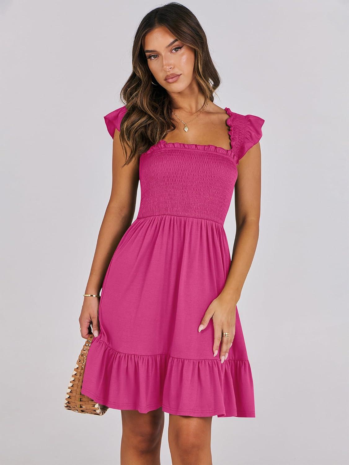 imageANRABESS Womens Summer Casual Sleeveless Square Neck Dress 2025 Smocked Ruffle Backless Boho Beach Cute Teen Short SundressHot Pink