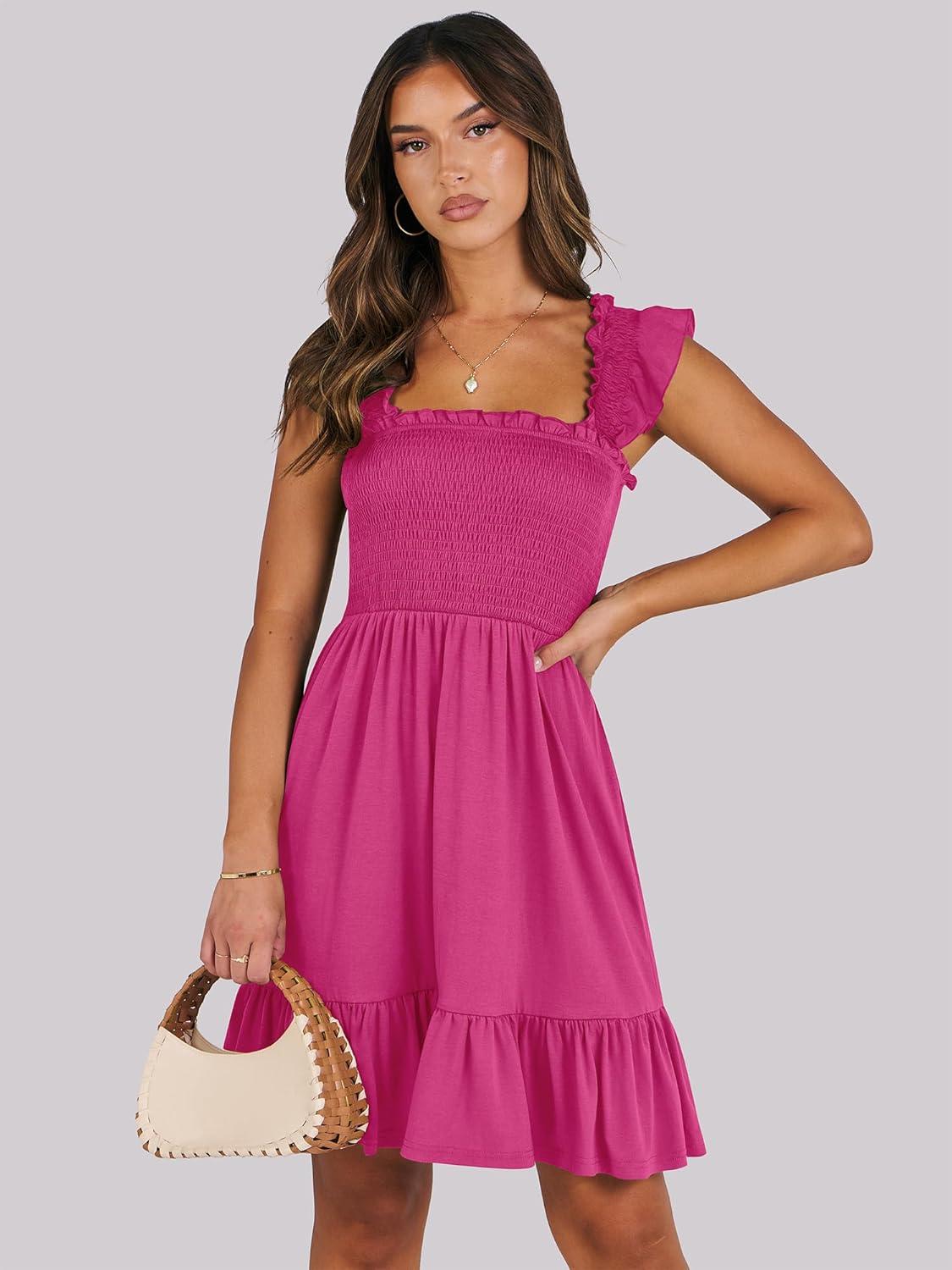 imageANRABESS Womens Summer Casual Sleeveless Square Neck Dress 2025 Smocked Ruffle Backless Boho Beach Cute Teen Short SundressHot Pink