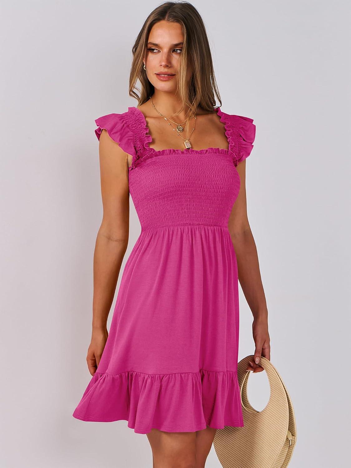 imageANRABESS Womens Summer Casual Sleeveless Square Neck Dress 2025 Smocked Ruffle Backless Boho Beach Cute Teen Short SundressHot Pink