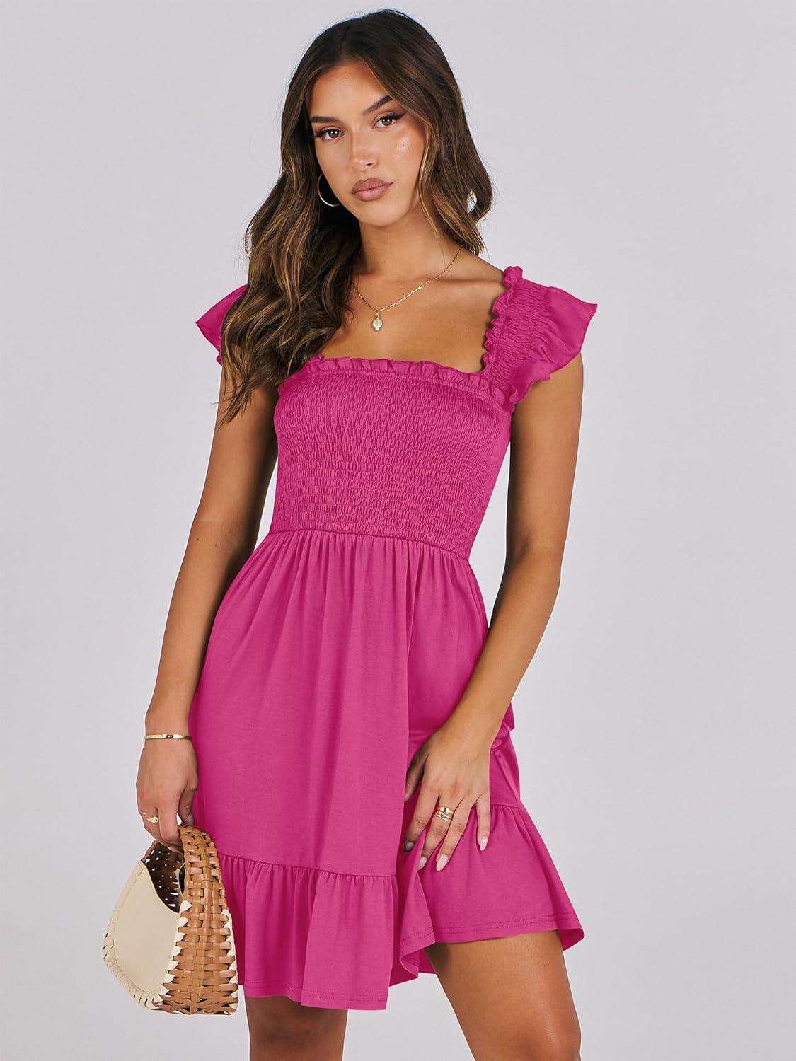 imageANRABESS Womens Summer Casual Sleeveless Square Neck Dress 2025 Smocked Ruffle Backless Boho Beach Cute Teen Short SundressHot Pink