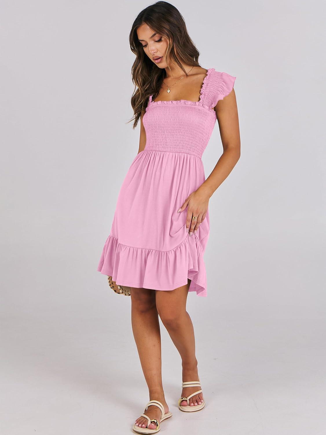 imageANRABESS Womens Summer Casual Sleeveless Square Neck Dress 2025 Smocked Ruffle Backless Boho Beach Cute Teen Short SundressPink