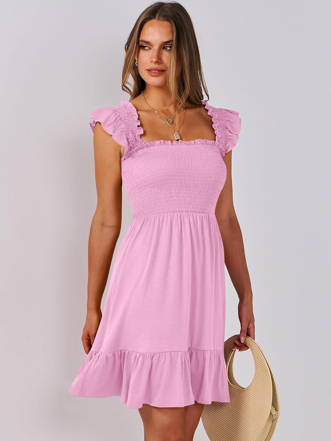 imageANRABESS Womens Summer Casual Sleeveless Square Neck Dress 2025 Smocked Ruffle Backless Boho Beach Cute Teen Short SundressPink