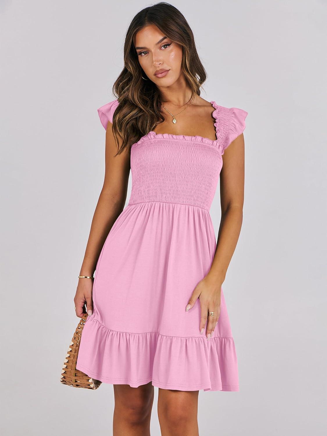 imageANRABESS Womens Summer Casual Sleeveless Square Neck Dress 2025 Smocked Ruffle Backless Boho Beach Cute Teen Short SundressPink