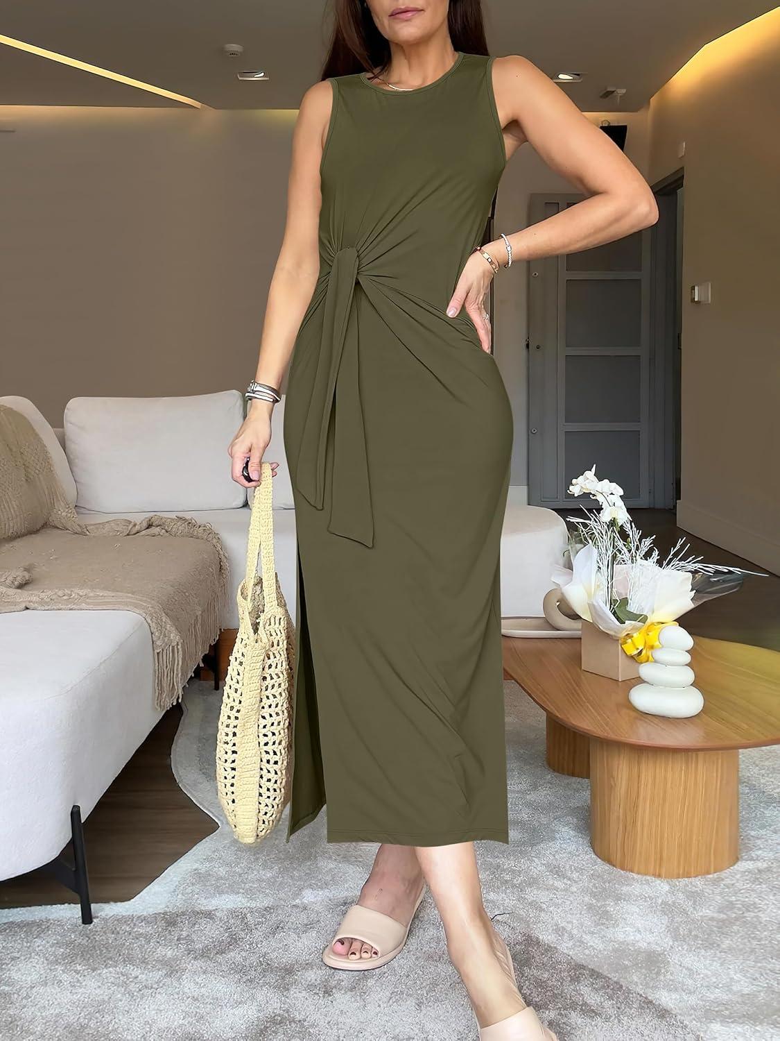 imageANRABESS Womens Summer Casual Sleeveless T Shirt Midi Dress Slim Fit Tie Waist Split Tank Long Dresses 2025 Vacation SundressArmy Green