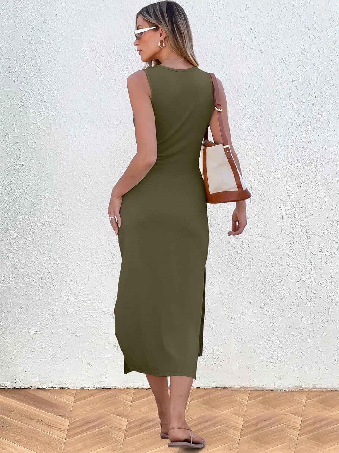 imageANRABESS Womens Summer Casual Sleeveless T Shirt Midi Dress Slim Fit Tie Waist Split Tank Long Dresses 2025 Vacation SundressArmy Green