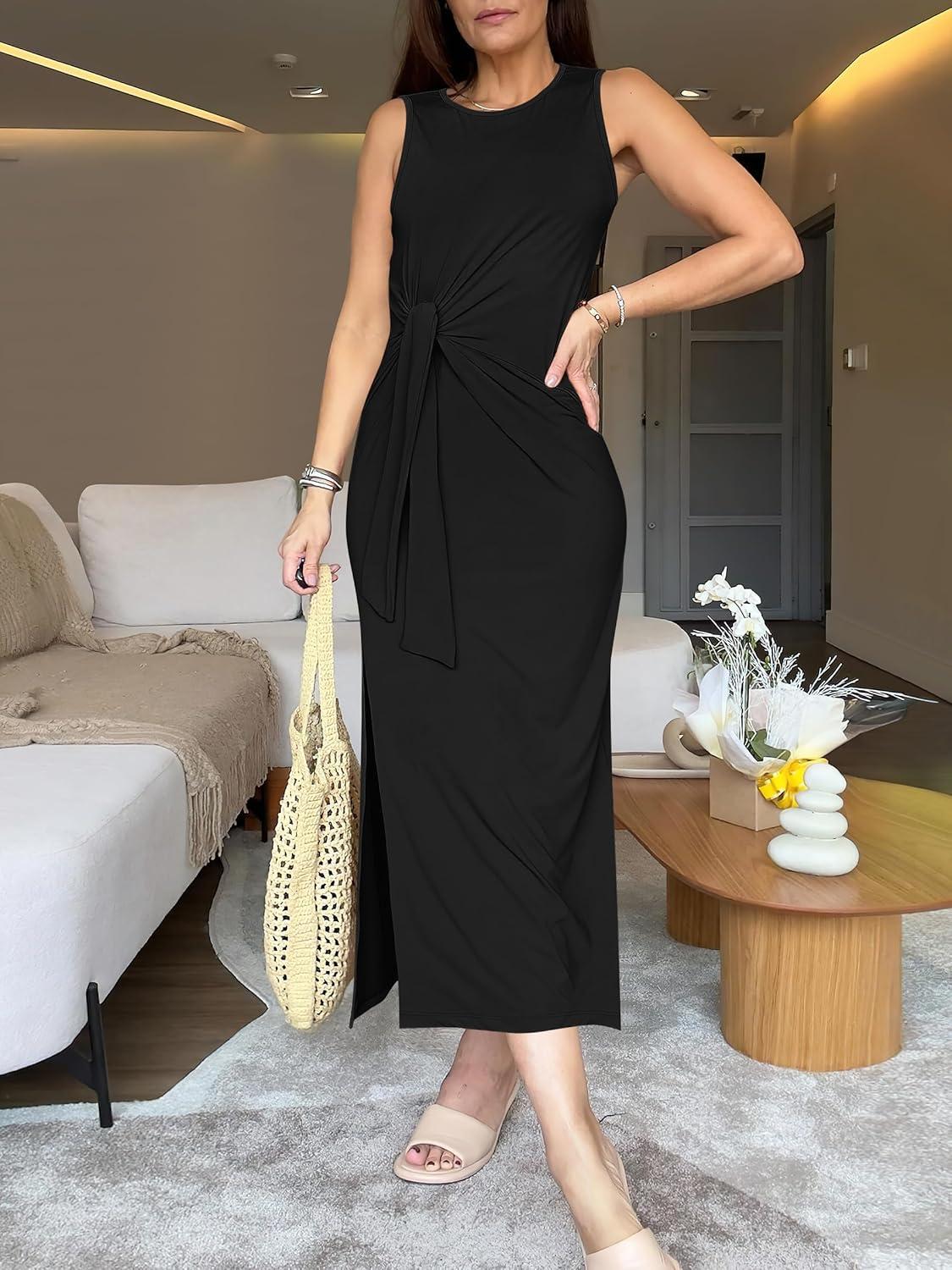 imageANRABESS Womens Summer Casual Sleeveless T Shirt Midi Dress Slim Fit Tie Waist Split Tank Long Dresses 2025 Vacation SundressBlack