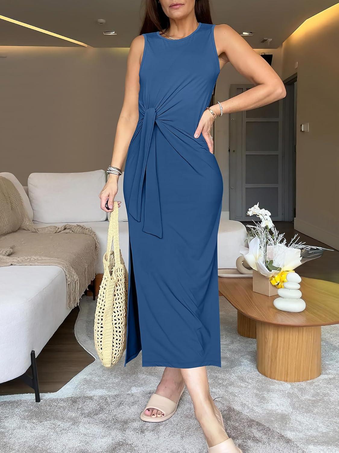 imageANRABESS Womens Summer Casual Sleeveless T Shirt Midi Dress Slim Fit Tie Waist Split Tank Long Dresses 2025 Vacation SundressBlue