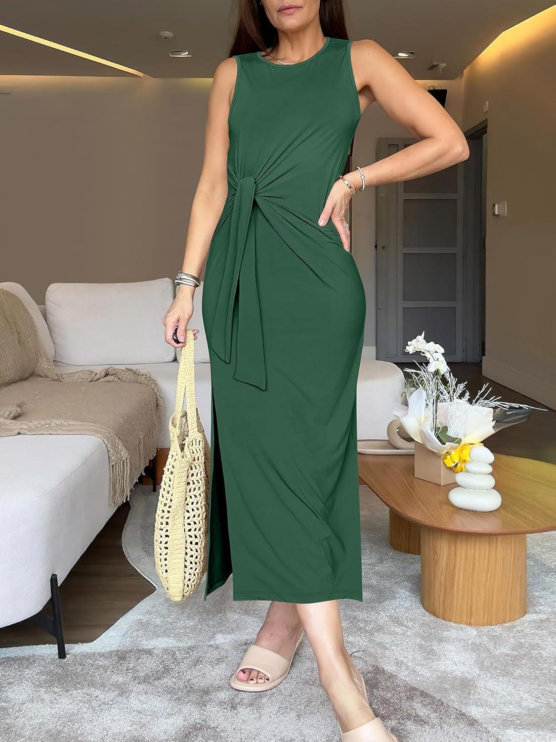 imageANRABESS Womens Summer Casual Sleeveless T Shirt Midi Dress Slim Fit Tie Waist Split Tank Long Dresses 2025 Vacation SundressDeep Green