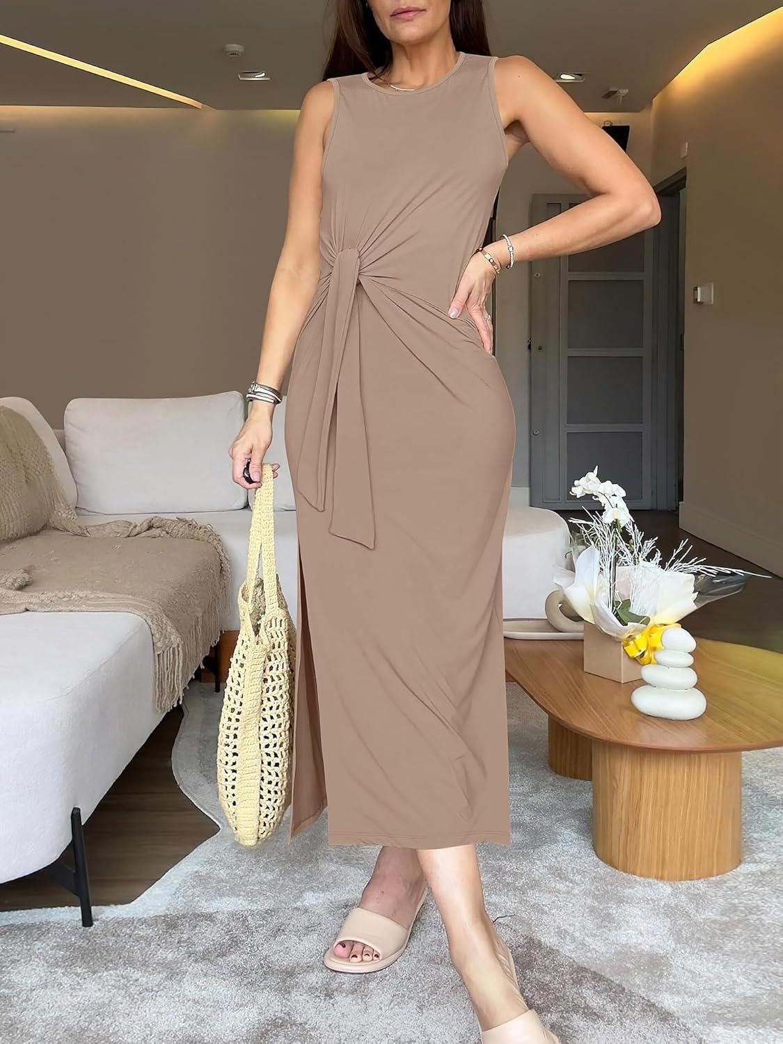 imageANRABESS Womens Summer Casual Sleeveless T Shirt Midi Dress Slim Fit Tie Waist Split Tank Long Dresses 2025 Vacation SundressKhaki