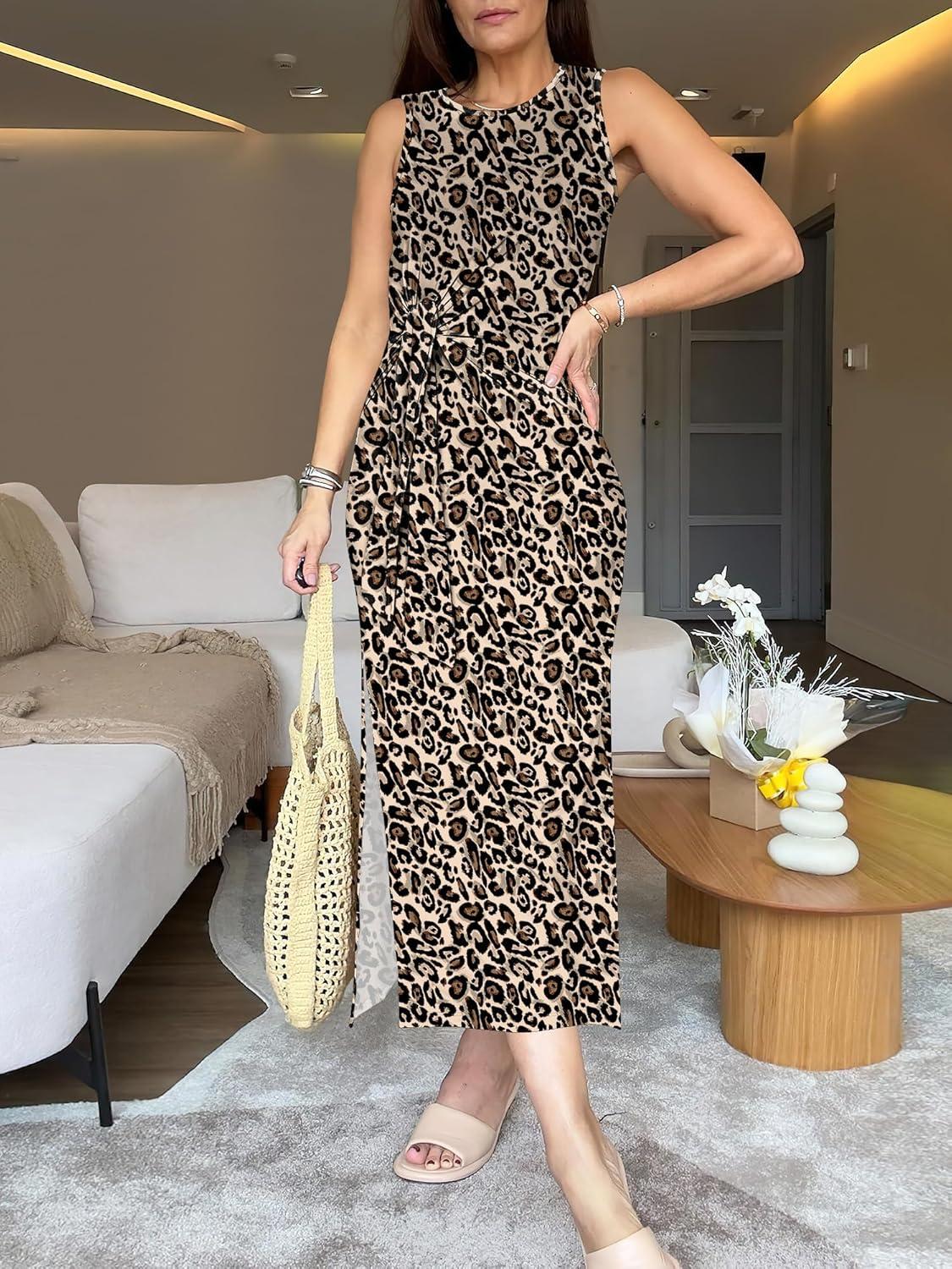 imageANRABESS Womens Summer Casual Sleeveless T Shirt Midi Dress Slim Fit Tie Waist Split Tank Long Dresses 2025 Vacation SundressLeopard Print