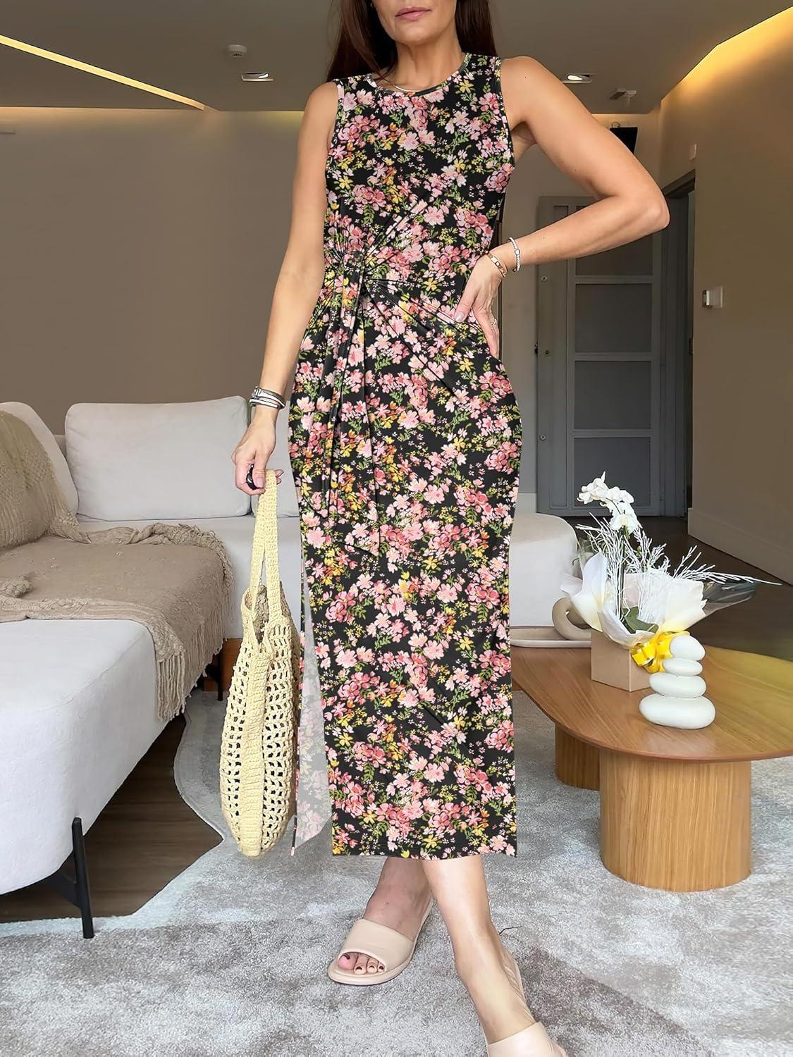 imageANRABESS Womens Summer Casual Sleeveless T Shirt Midi Dress Slim Fit Tie Waist Split Tank Long Dresses 2025 Vacation SundressMulticolor Floral
