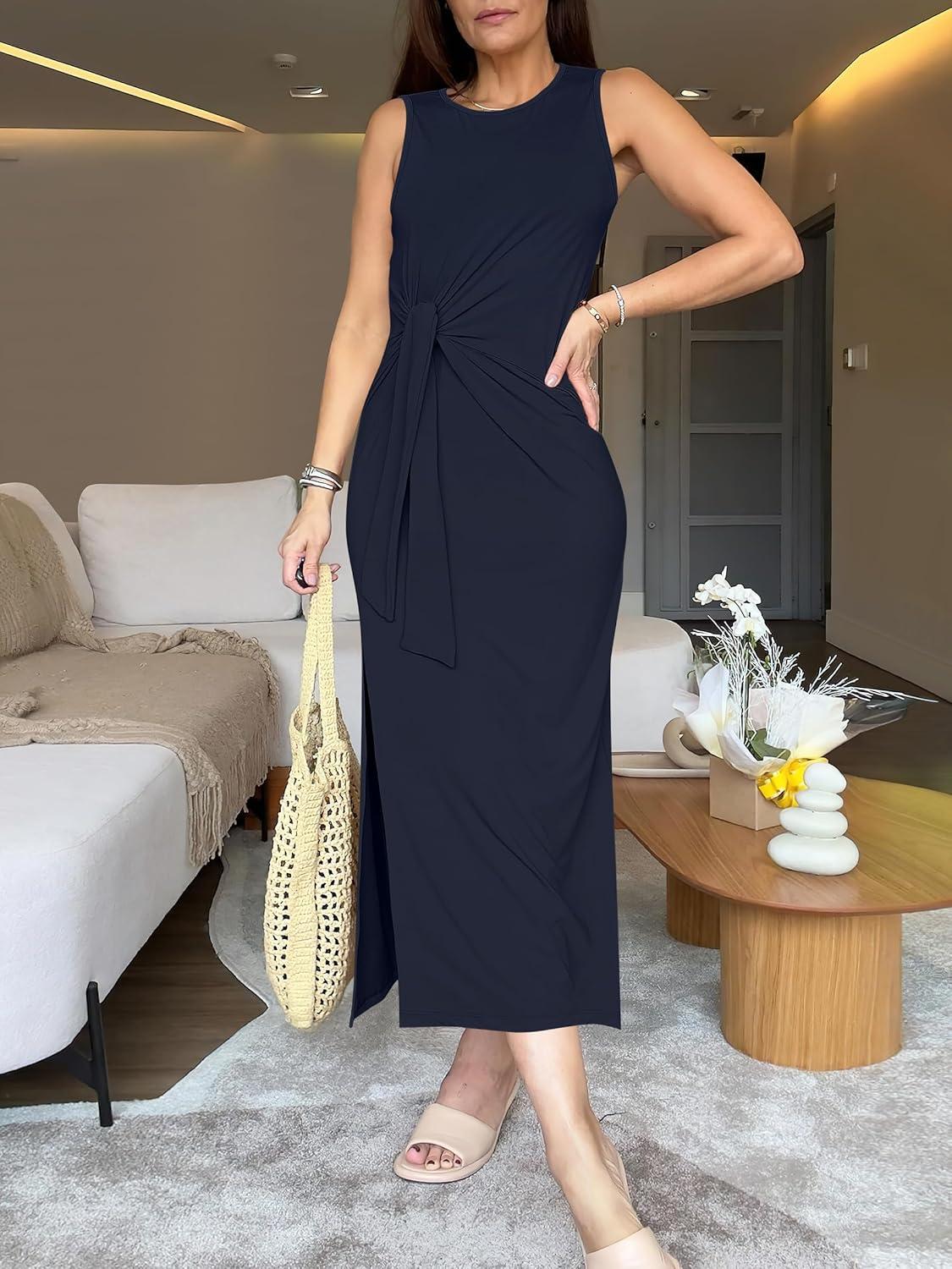 imageANRABESS Womens Summer Casual Sleeveless T Shirt Midi Dress Slim Fit Tie Waist Split Tank Long Dresses 2025 Vacation SundressNavy Blue