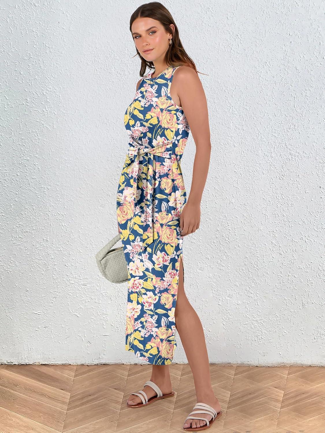 imageANRABESS Womens Summer Casual Sleeveless T Shirt Midi Dress Slim Fit Tie Waist Split Tank Long Dresses 2025 Vacation SundressPrint Blue Floral