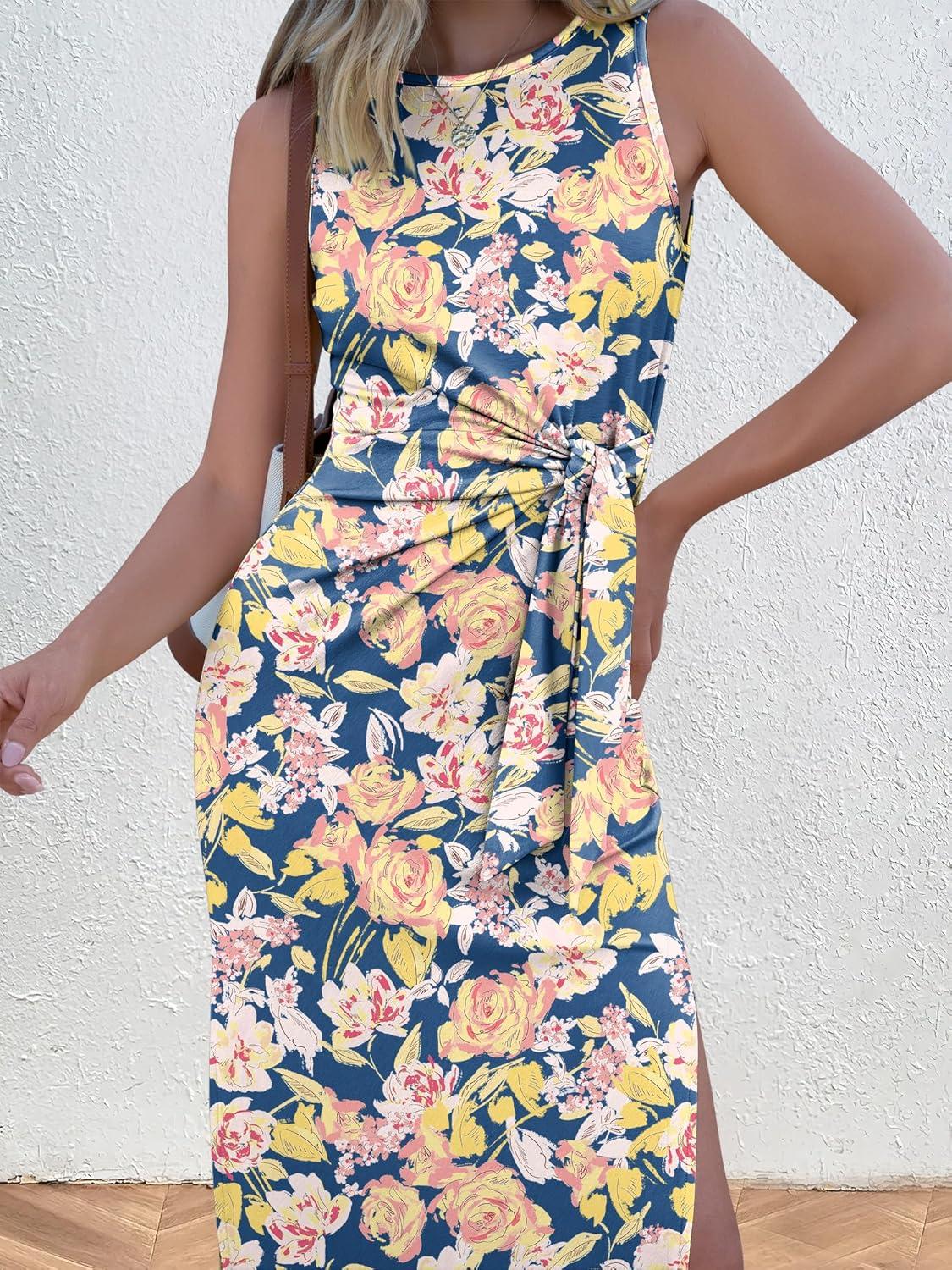 imageANRABESS Womens Summer Casual Sleeveless T Shirt Midi Dress Slim Fit Tie Waist Split Tank Long Dresses 2025 Vacation SundressPrint Blue Floral