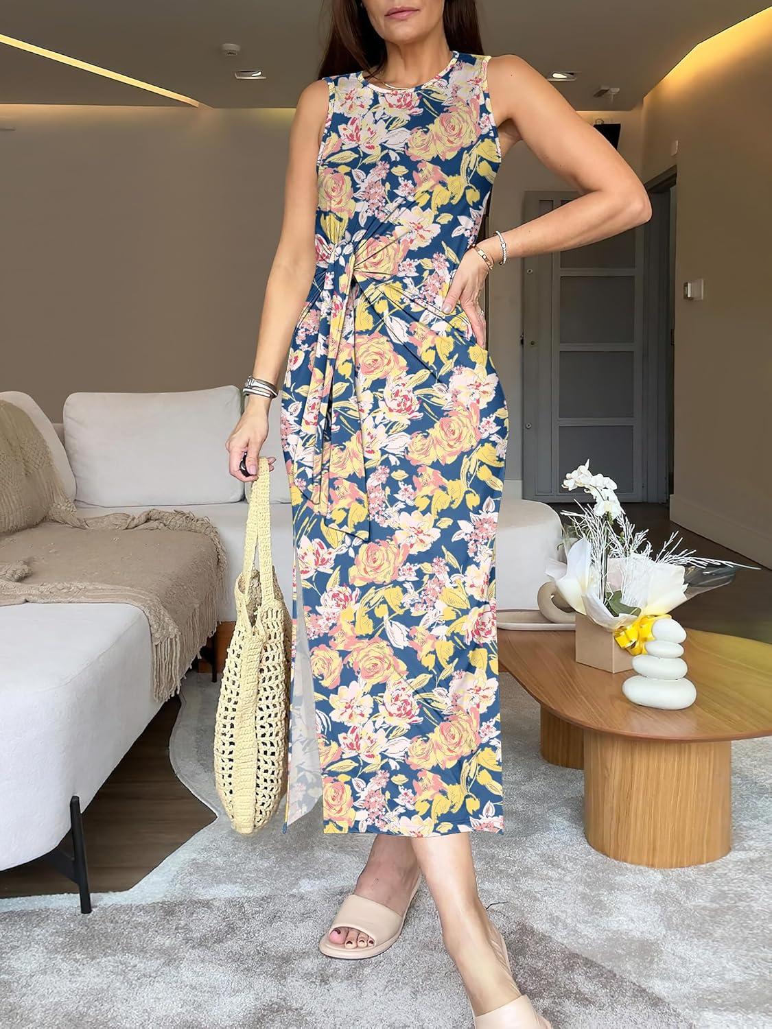 imageANRABESS Womens Summer Casual Sleeveless T Shirt Midi Dress Slim Fit Tie Waist Split Tank Long Dresses 2025 Vacation SundressPrint Blue Floral