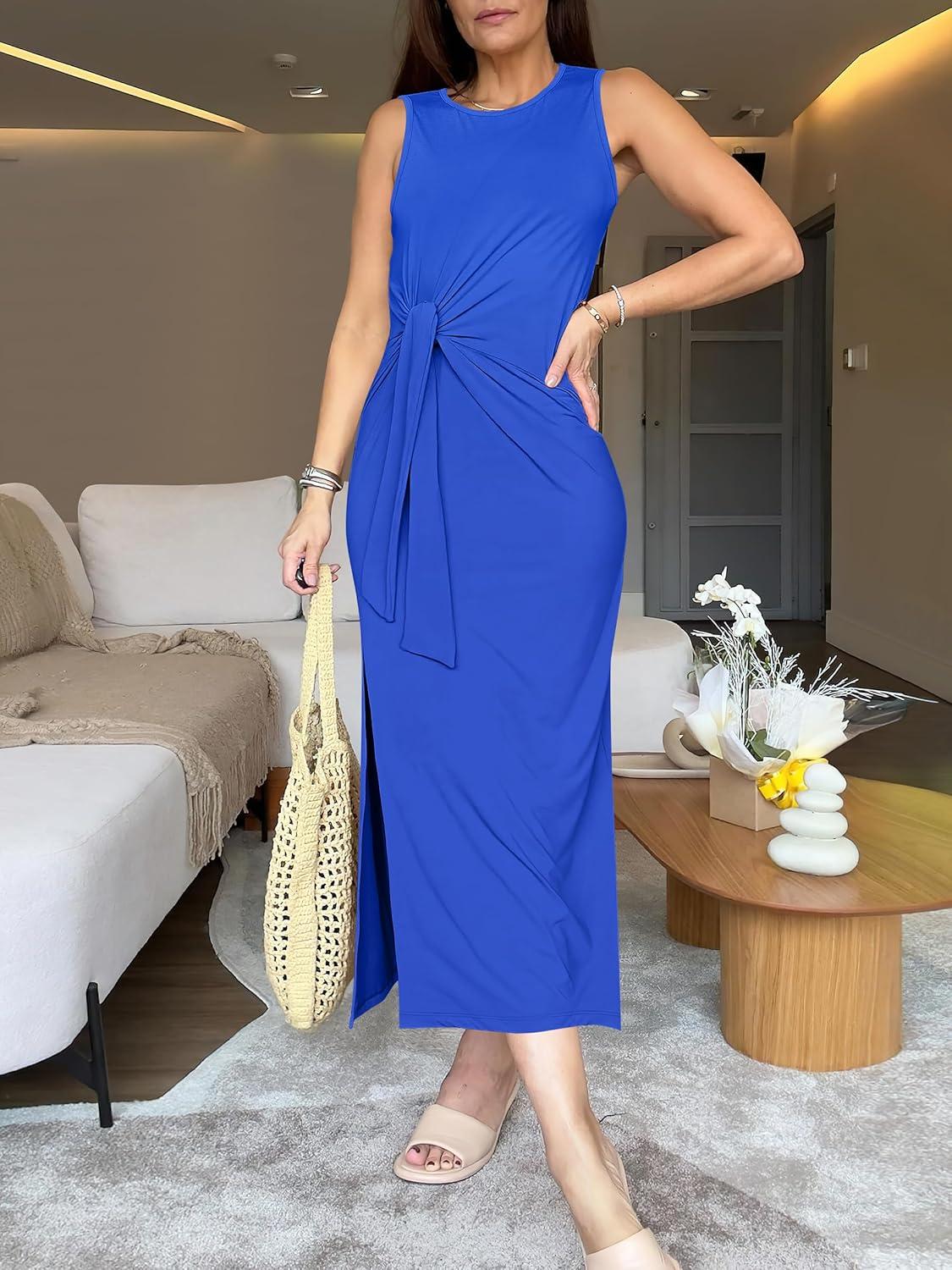 imageANRABESS Womens Summer Casual Sleeveless T Shirt Midi Dress Slim Fit Tie Waist Split Tank Long Dresses 2025 Vacation SundressRoyal Blue