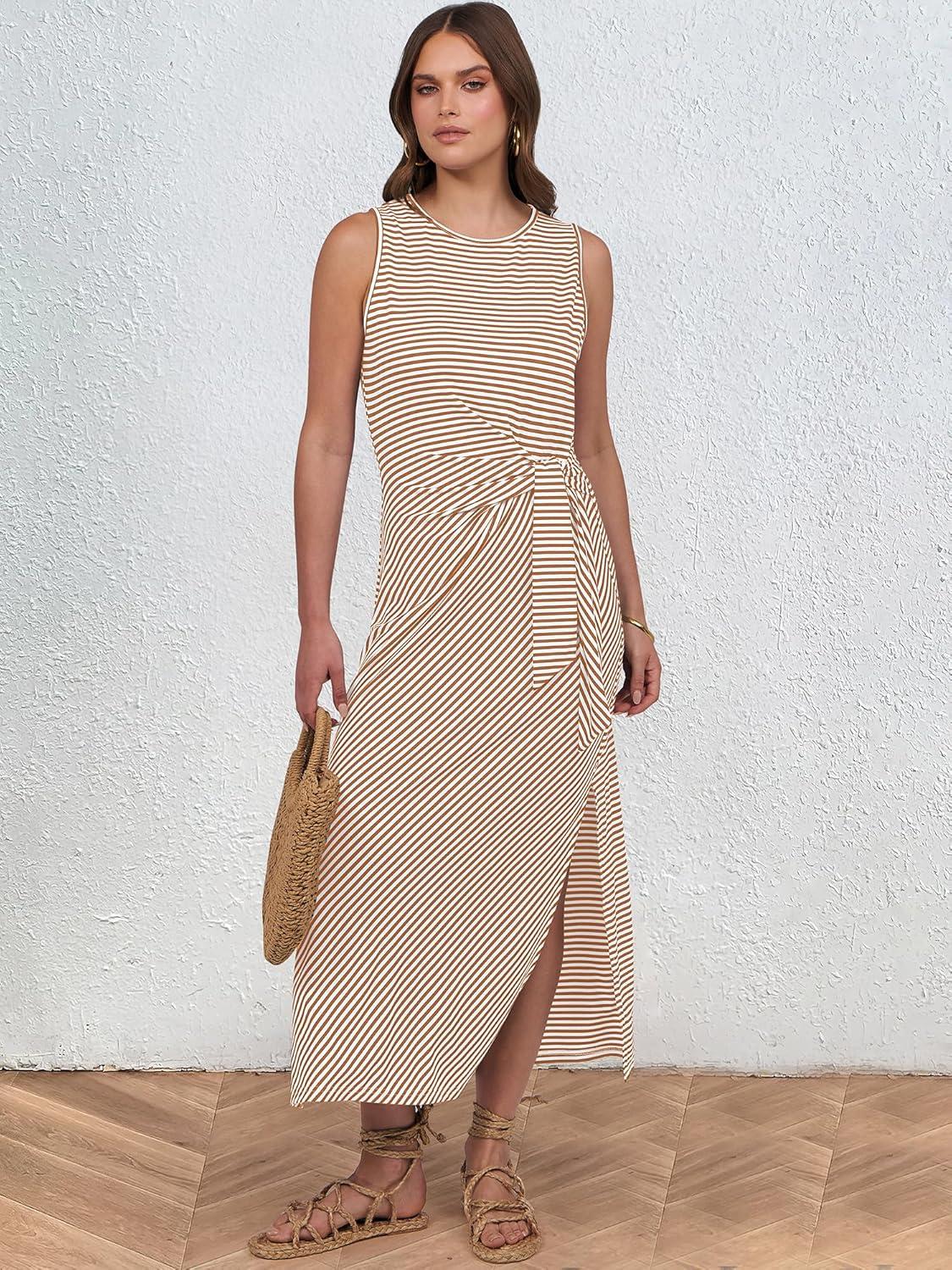 imageANRABESS Womens Summer Casual Sleeveless T Shirt Midi Dress Slim Fit Tie Waist Split Tank Long Dresses 2025 Vacation SundressStriped Brown