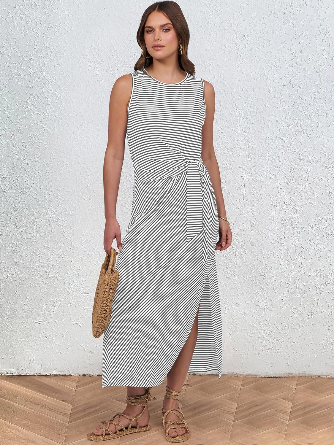 imageANRABESS Womens Summer Casual Sleeveless T Shirt Midi Dress Slim Fit Tie Waist Split Tank Long Dresses 2025 Vacation SundressStriped Grey