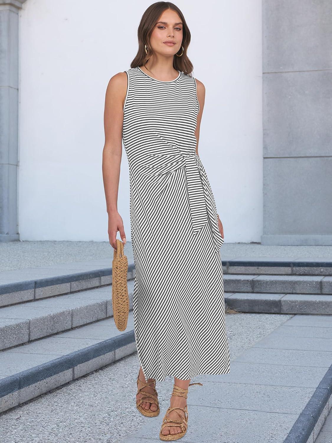 imageANRABESS Womens Summer Casual Sleeveless T Shirt Midi Dress Slim Fit Tie Waist Split Tank Long Dresses 2025 Vacation SundressStriped Grey