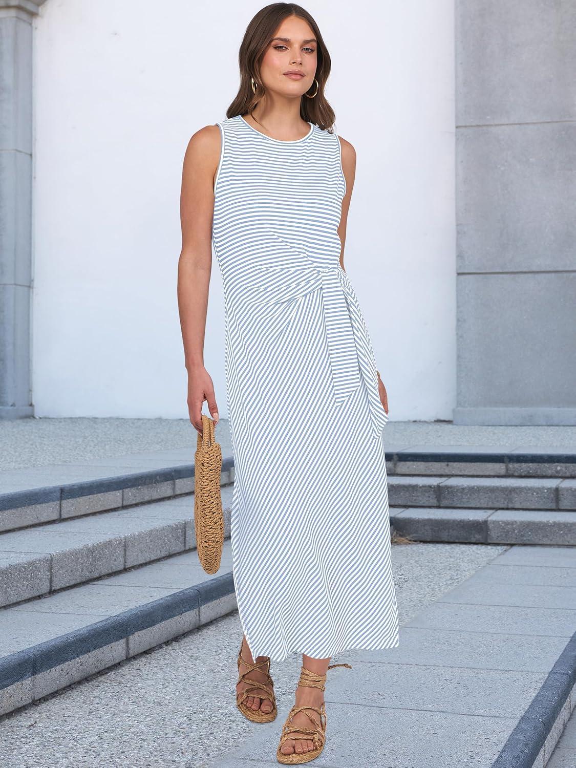 imageANRABESS Womens Summer Casual Sleeveless T Shirt Midi Dress Slim Fit Tie Waist Split Tank Long Dresses 2025 Vacation SundressStriped Light Blue