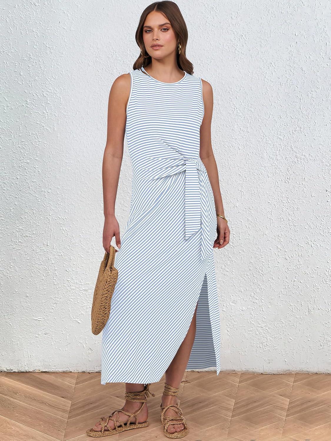 imageANRABESS Womens Summer Casual Sleeveless T Shirt Midi Dress Slim Fit Tie Waist Split Tank Long Dresses 2025 Vacation SundressStriped Light Blue