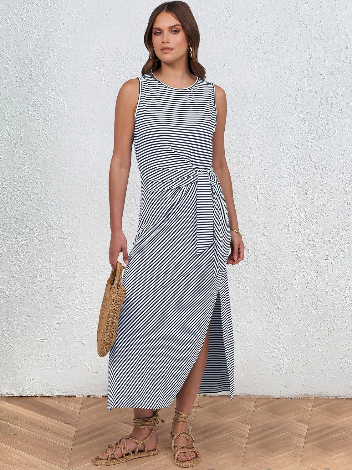 imageANRABESS Womens Summer Casual Sleeveless T Shirt Midi Dress Slim Fit Tie Waist Split Tank Long Dresses 2025 Vacation SundressStriped Navy Blue