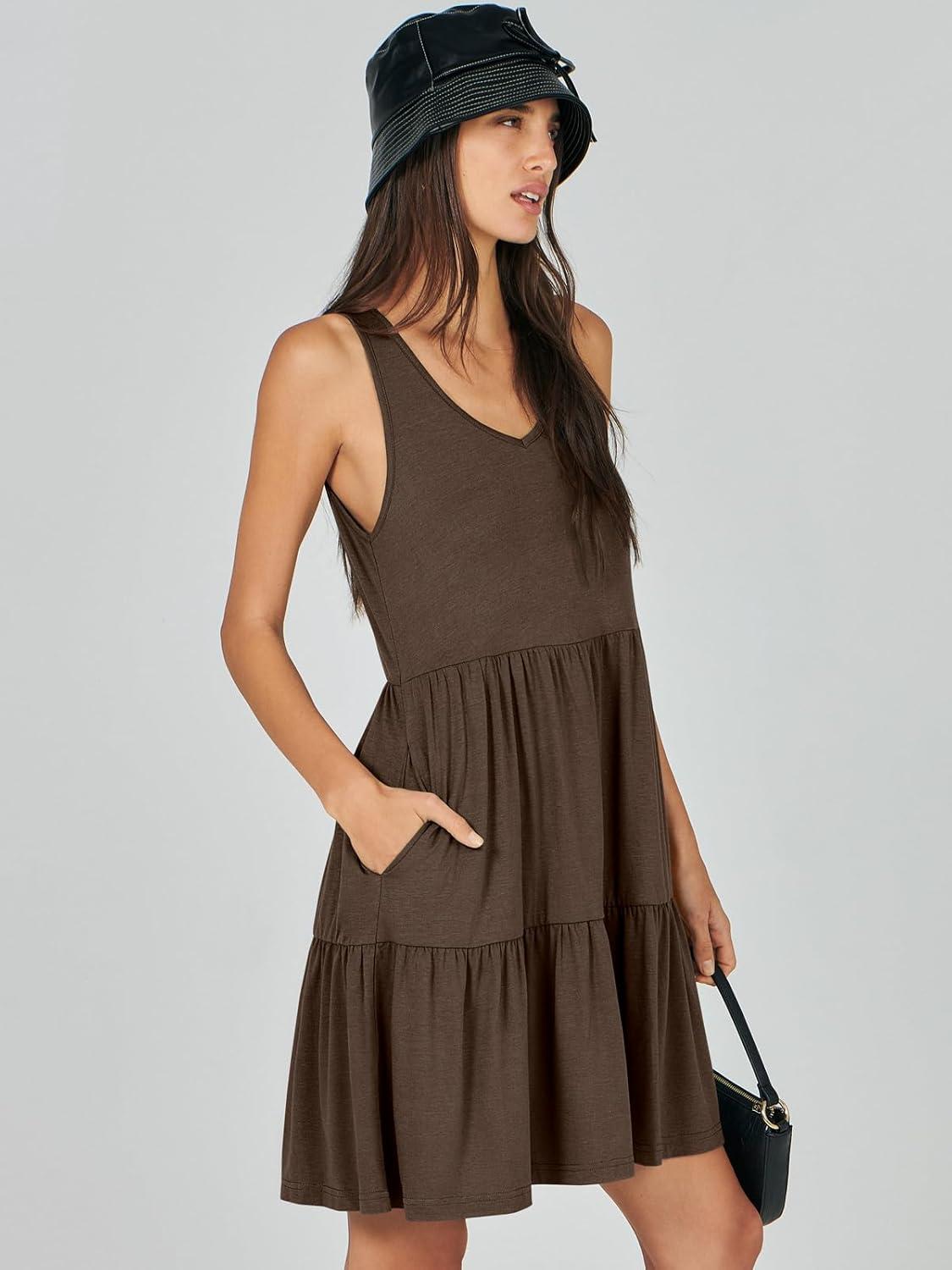 imageANRABESS Womens Summer Casual Tank Dress Sleeveless V Neck T Shirt Sundress Flowy Tiered Swing Mini Beach Vacation DressesCoffee