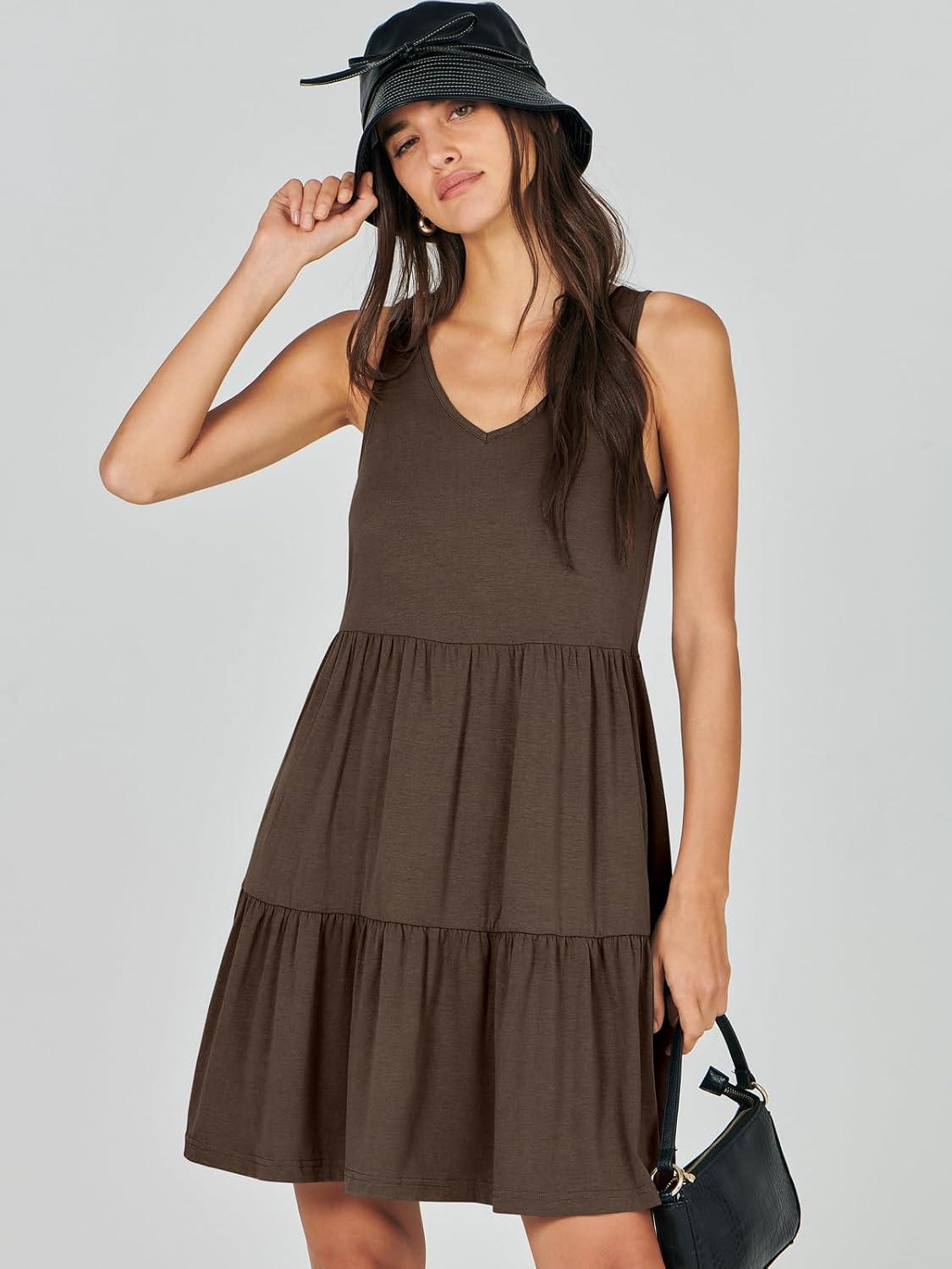 imageANRABESS Womens Summer Casual Tank Dress Sleeveless V Neck T Shirt Sundress Flowy Tiered Swing Mini Beach Vacation DressesCoffee