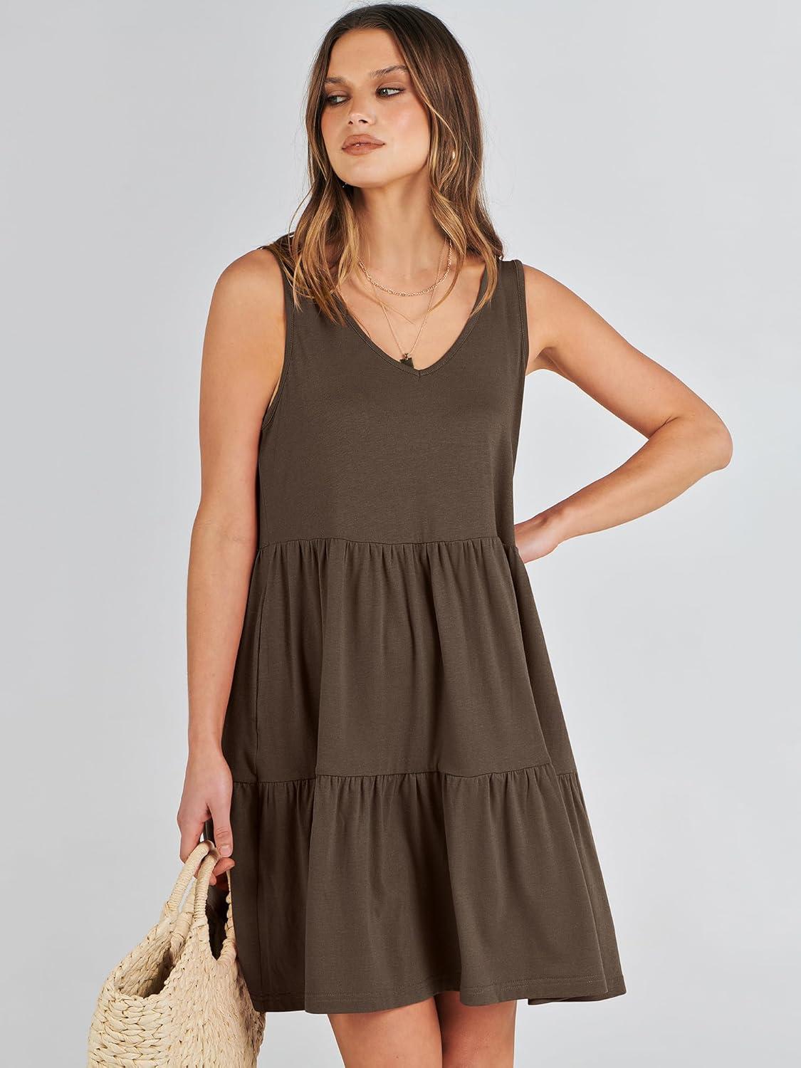 imageANRABESS Womens Summer Casual Tank Dress Sleeveless V Neck T Shirt Sundress Flowy Tiered Swing Mini Beach Vacation DressesCoffee