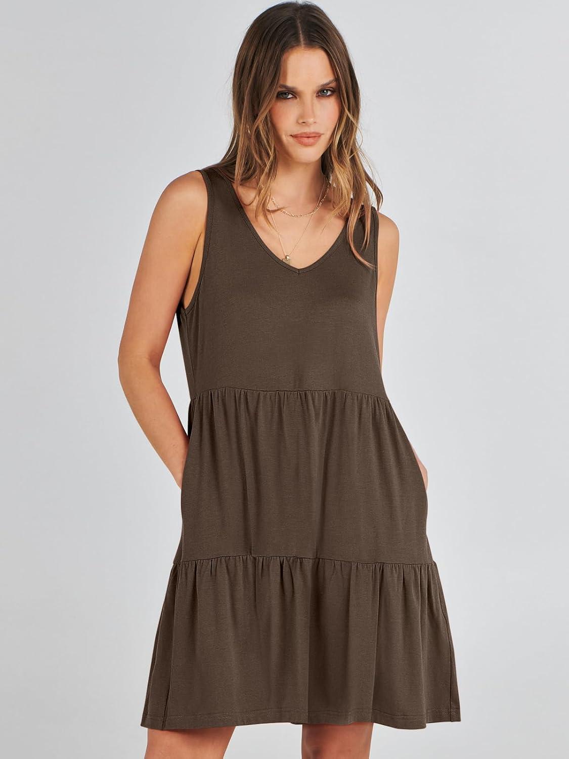 imageANRABESS Womens Summer Casual Tank Dress Sleeveless V Neck T Shirt Sundress Flowy Tiered Swing Mini Beach Vacation DressesCoffee