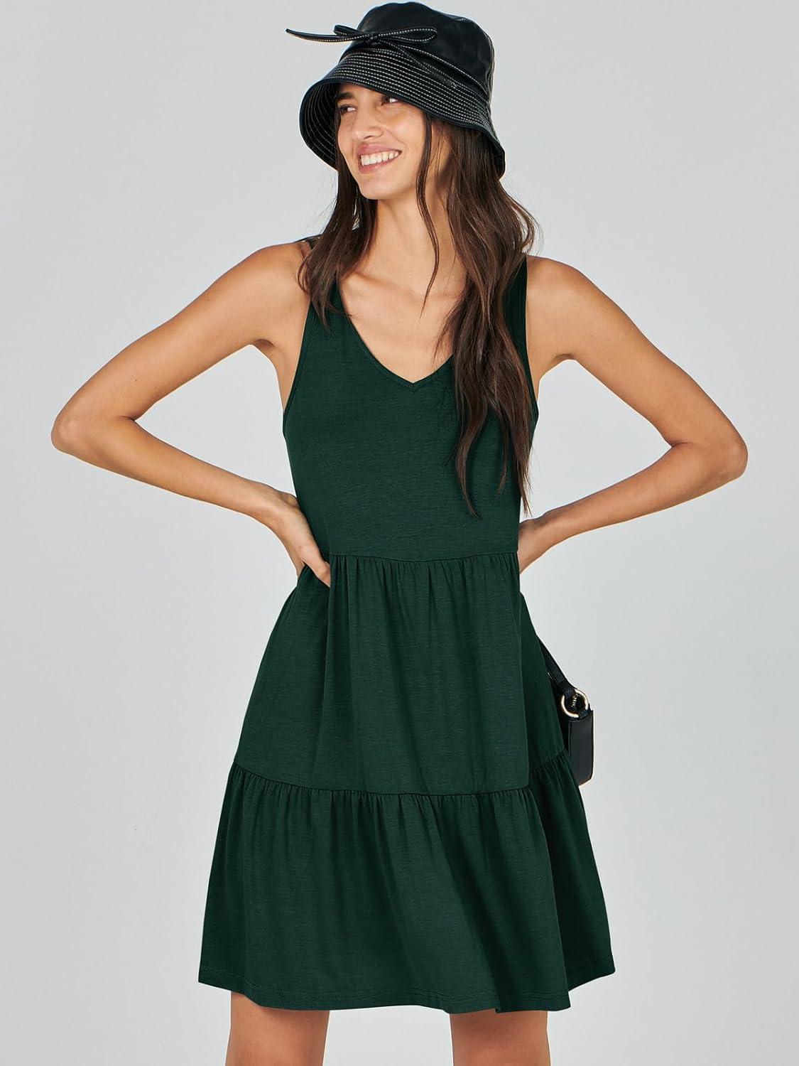 imageANRABESS Womens Summer Casual Tank Dress Sleeveless V Neck T Shirt Sundress Flowy Tiered Swing Mini Beach Vacation DressesDeep Green