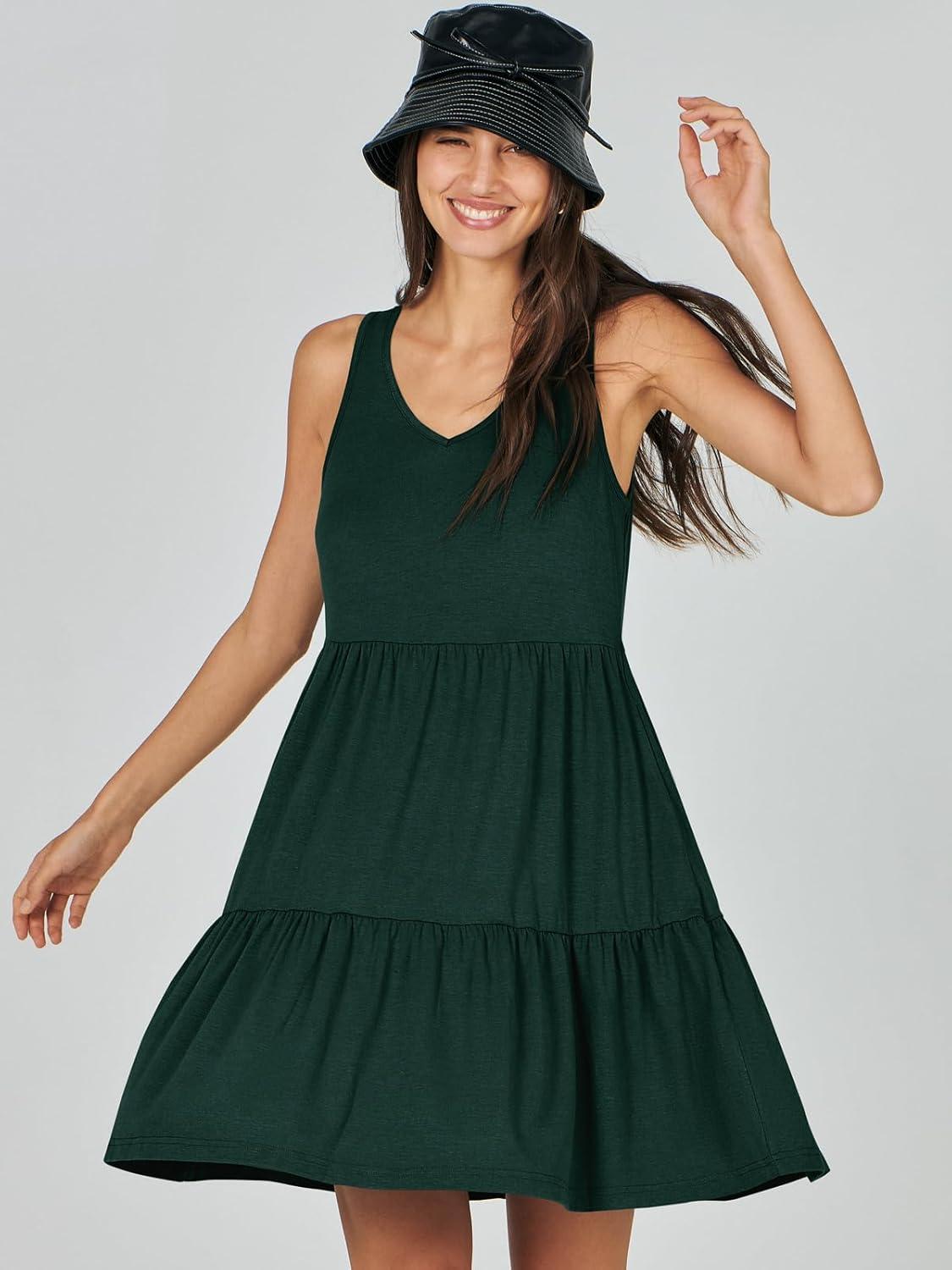 imageANRABESS Womens Summer Casual Tank Dress Sleeveless V Neck T Shirt Sundress Flowy Tiered Swing Mini Beach Vacation DressesDeep Green