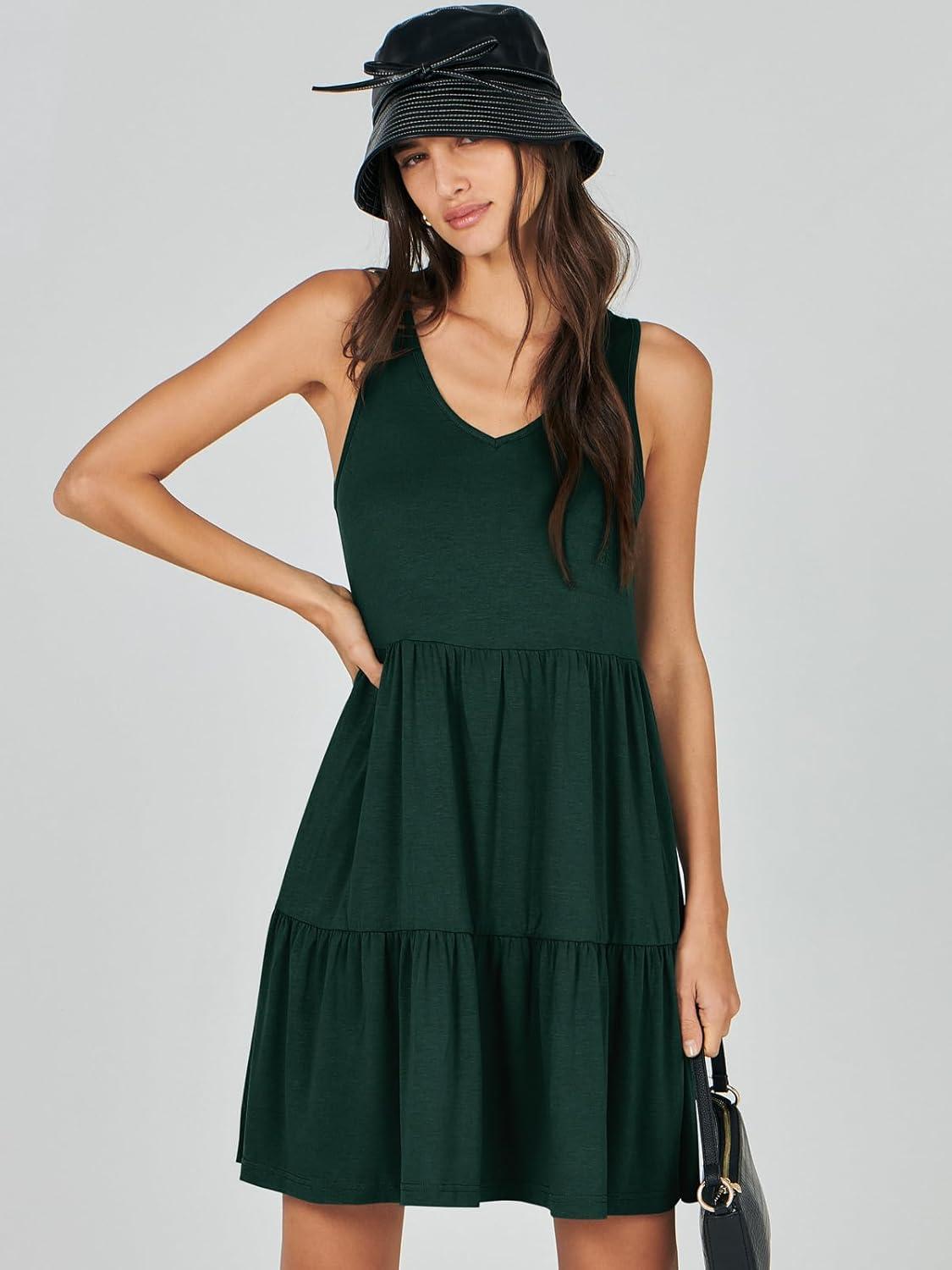 imageANRABESS Womens Summer Casual Tank Dress Sleeveless V Neck T Shirt Sundress Flowy Tiered Swing Mini Beach Vacation DressesDeep Green