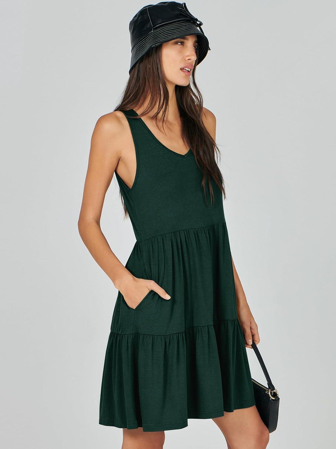 imageANRABESS Womens Summer Casual Tank Dress Sleeveless V Neck T Shirt Sundress Flowy Tiered Swing Mini Beach Vacation DressesDeep Green