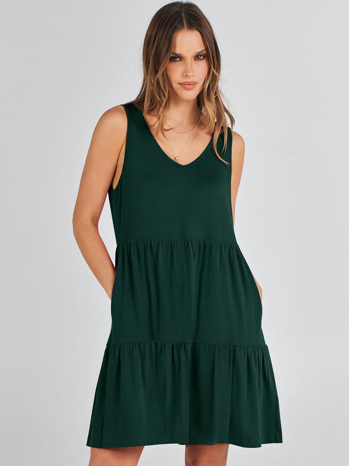 imageANRABESS Womens Summer Casual Tank Dress Sleeveless V Neck T Shirt Sundress Flowy Tiered Swing Mini Beach Vacation DressesDeep Green